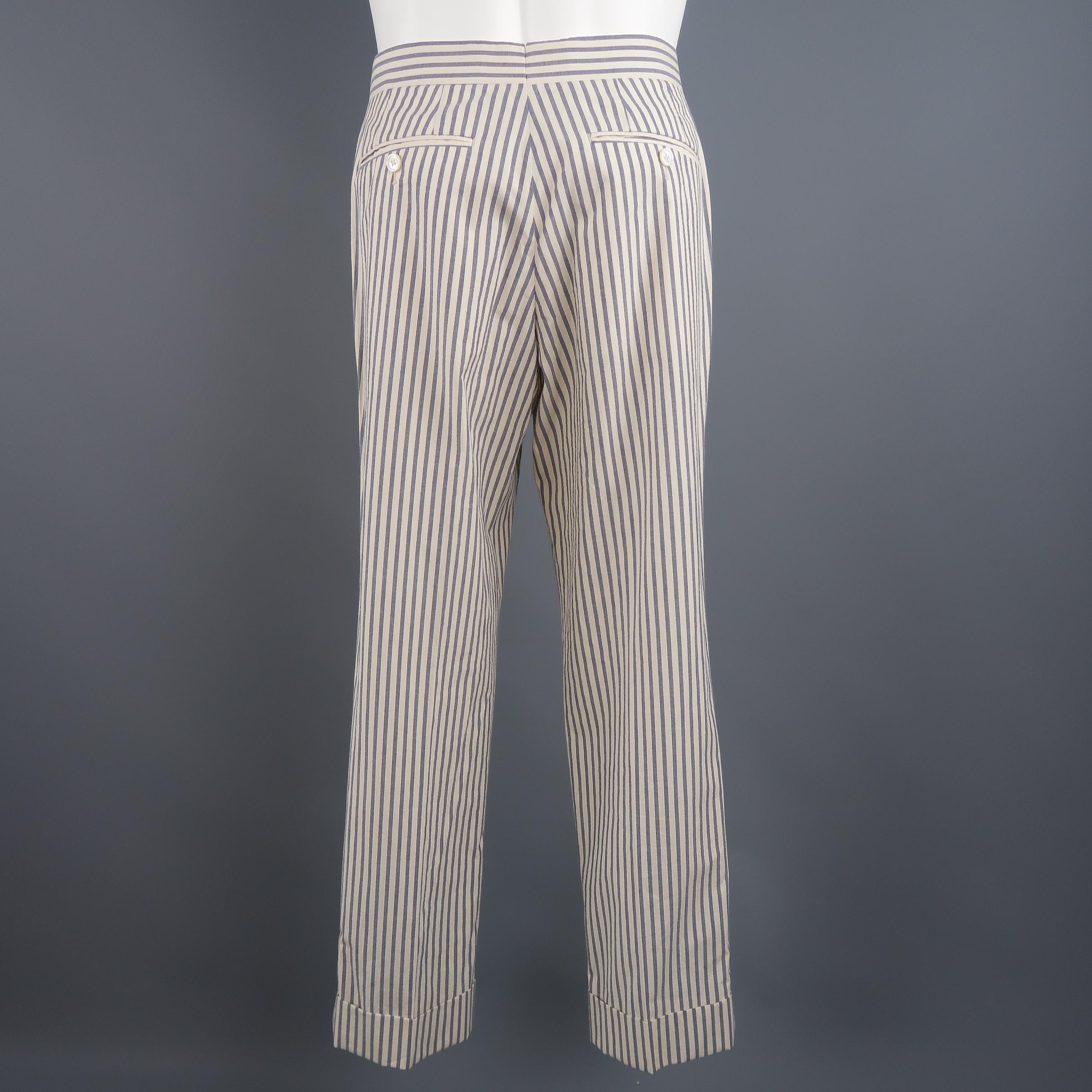 Men's Black Fleece Beige and Gray Stripe Cotton Cuffed Pants