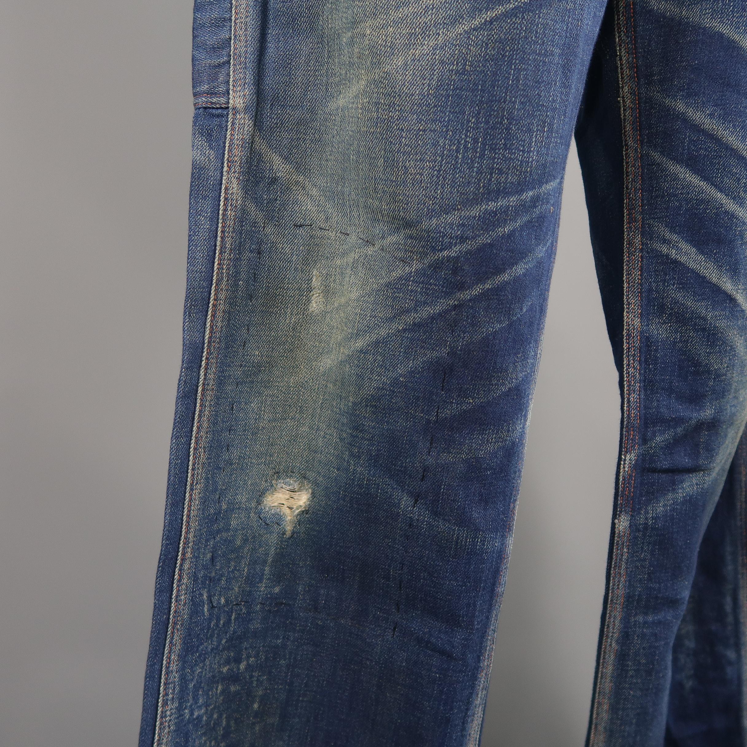Men's RRL by Ralph Lauren Distressed Medium Wash Selvage Denim Jeans