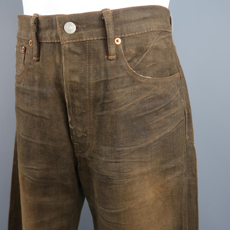 RRL by Ralph Lauren Brown Washed Distressed Selvage Denim Jeans at ...