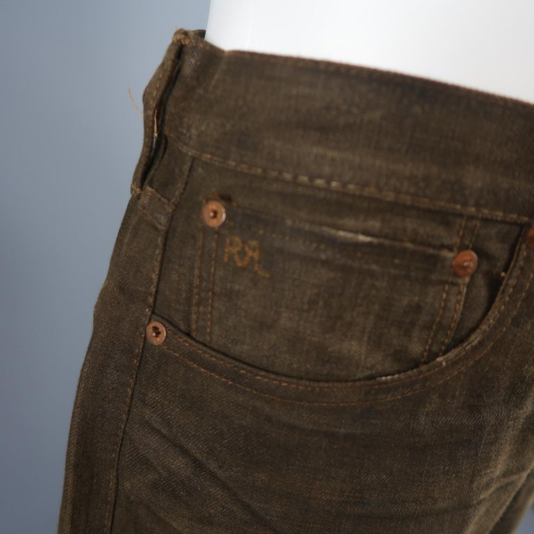 RRL by Ralph Lauren Brown Washed Distressed Selvage Denim Jeans at