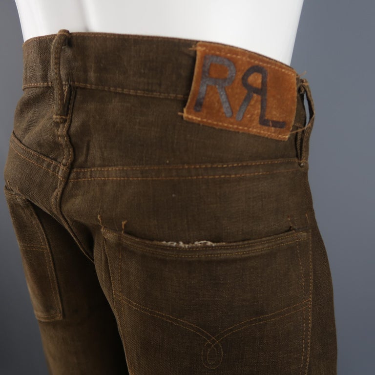 RRL by Ralph Lauren Brown Washed Distressed Selvage Denim Jeans at 1stDibs