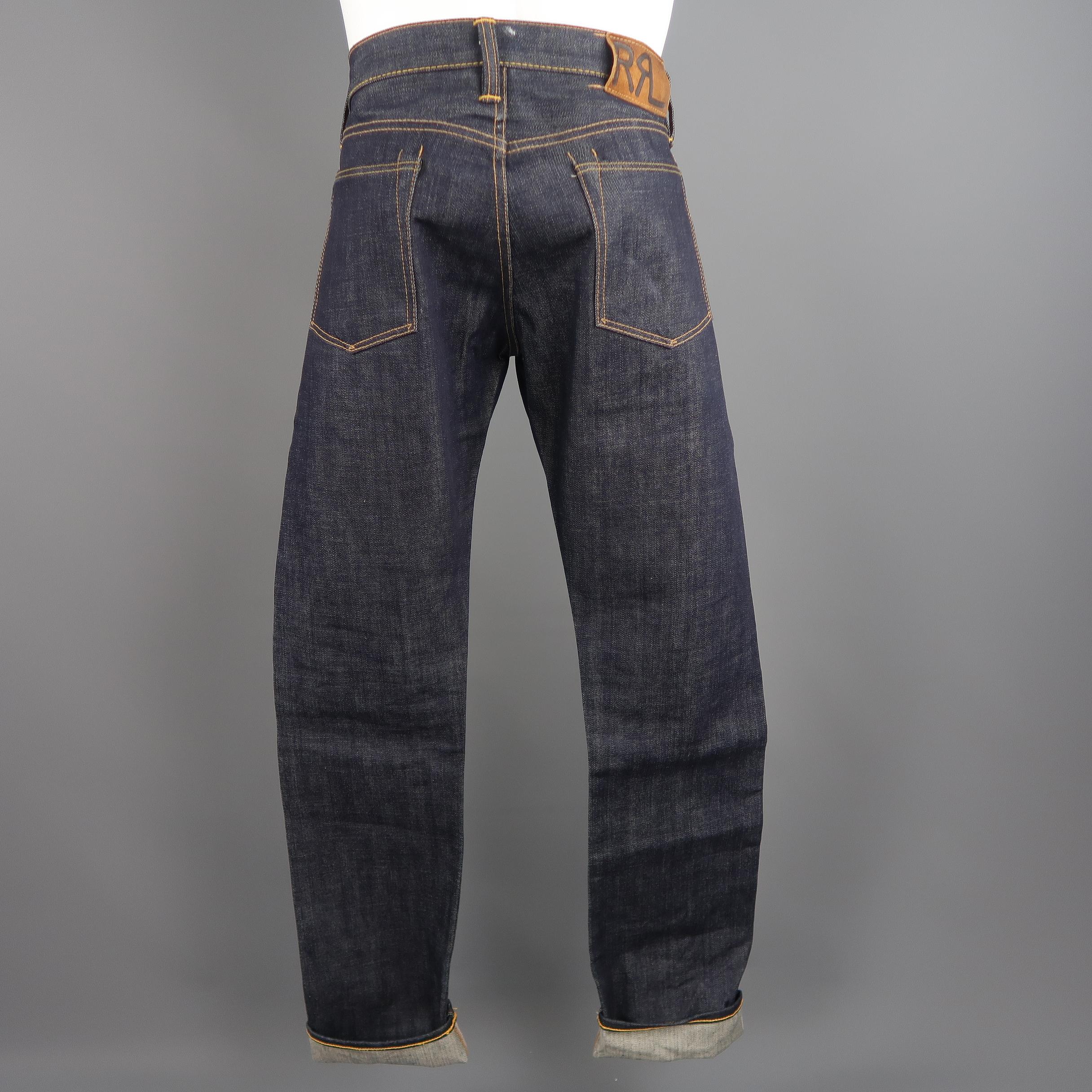 RRL by Ralph Lauren Indigo Navy Contrast Stitch Selvage Denim Jeans In Excellent Condition In San Francisco, CA