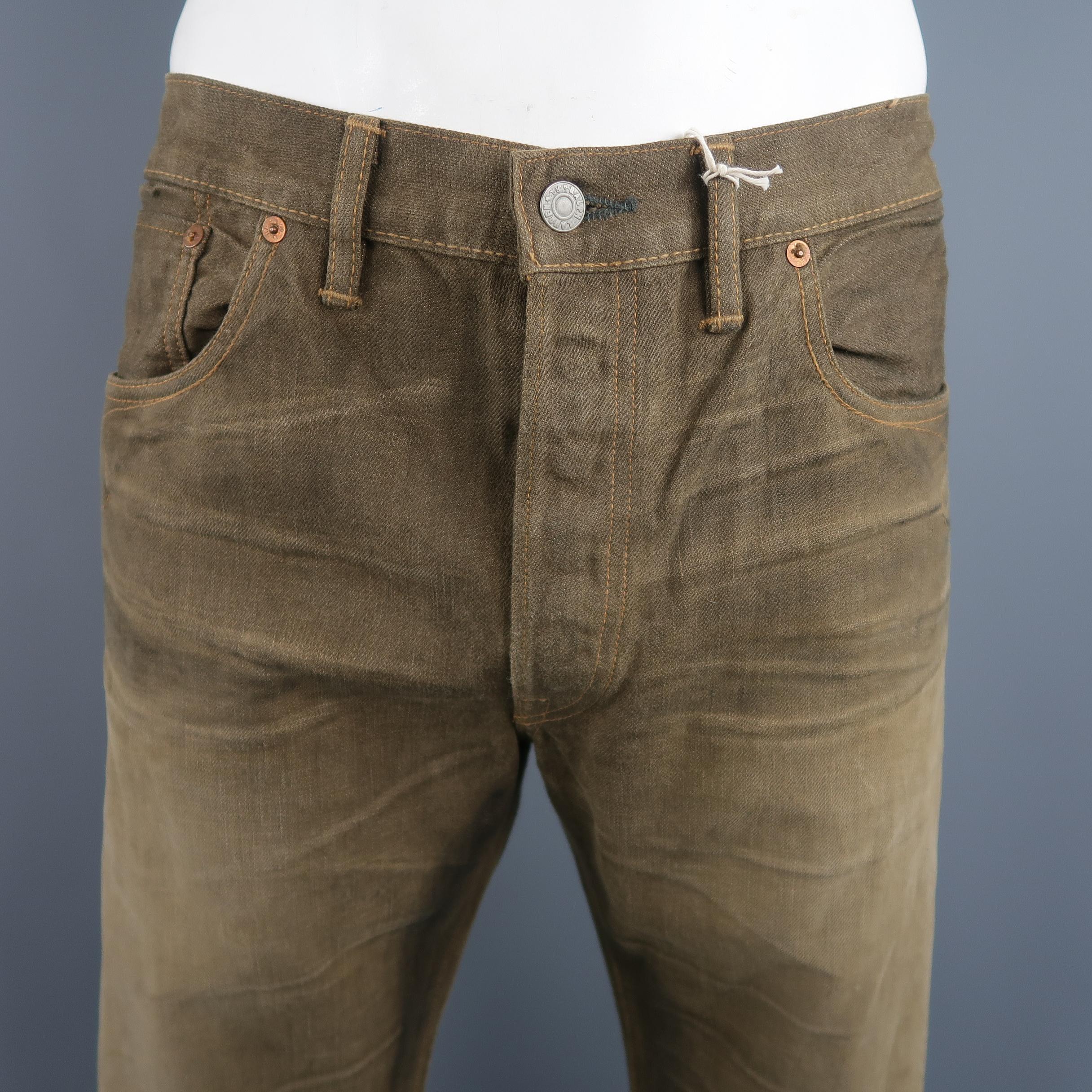 RR By Ralph Lauren  jeans come in olive brown washed selvage denim with a button fly and straight leg. Made in USA.
 
New with Tag.
Marked: 36 x 34
 
Measurements:
 
Waist: 38 in.
Rise: 11 in.
Inseam: 36 in.