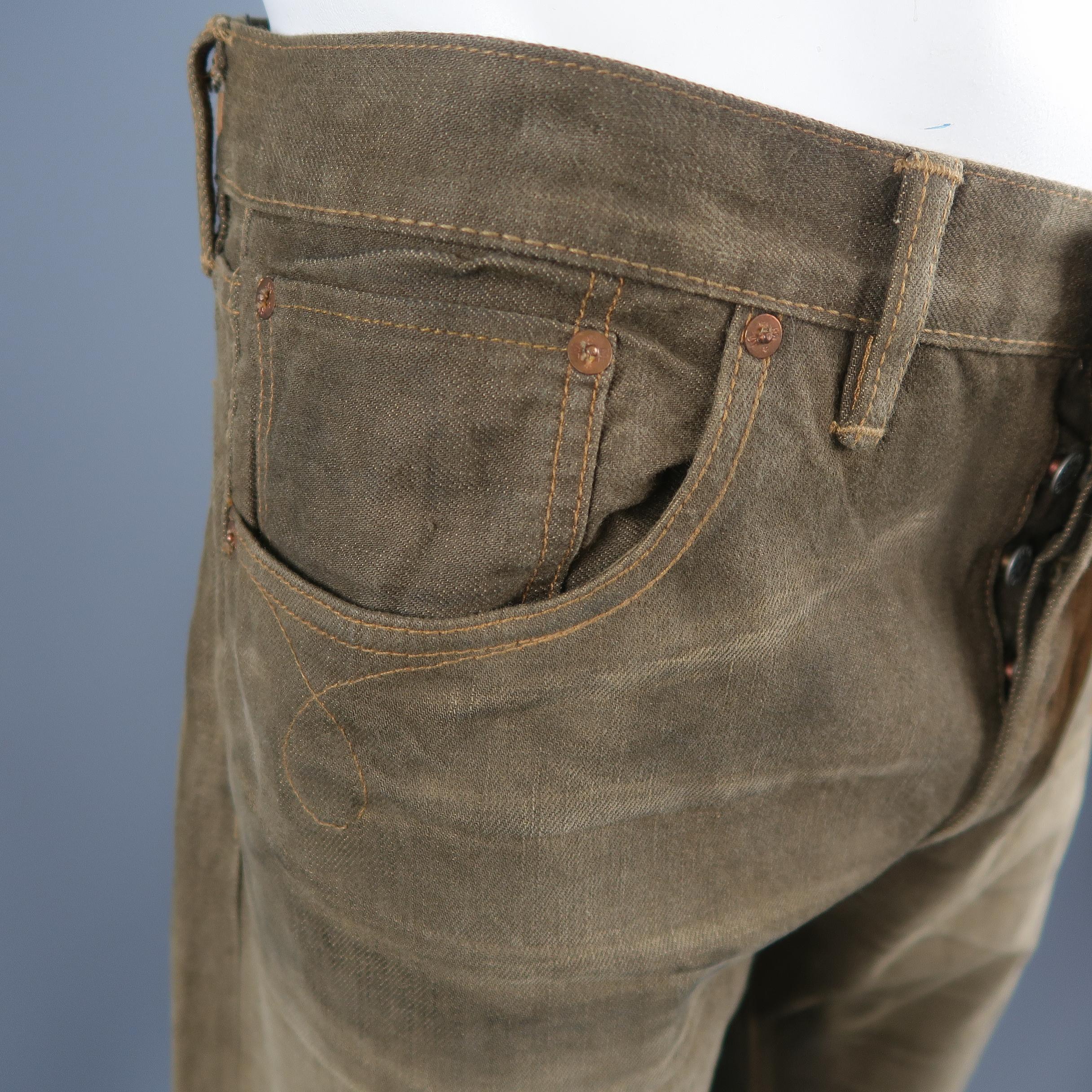RRL By Ralph Lauren Washed Olive Brown Distressed Selvage Denim Jeans In New Condition In San Francisco, CA