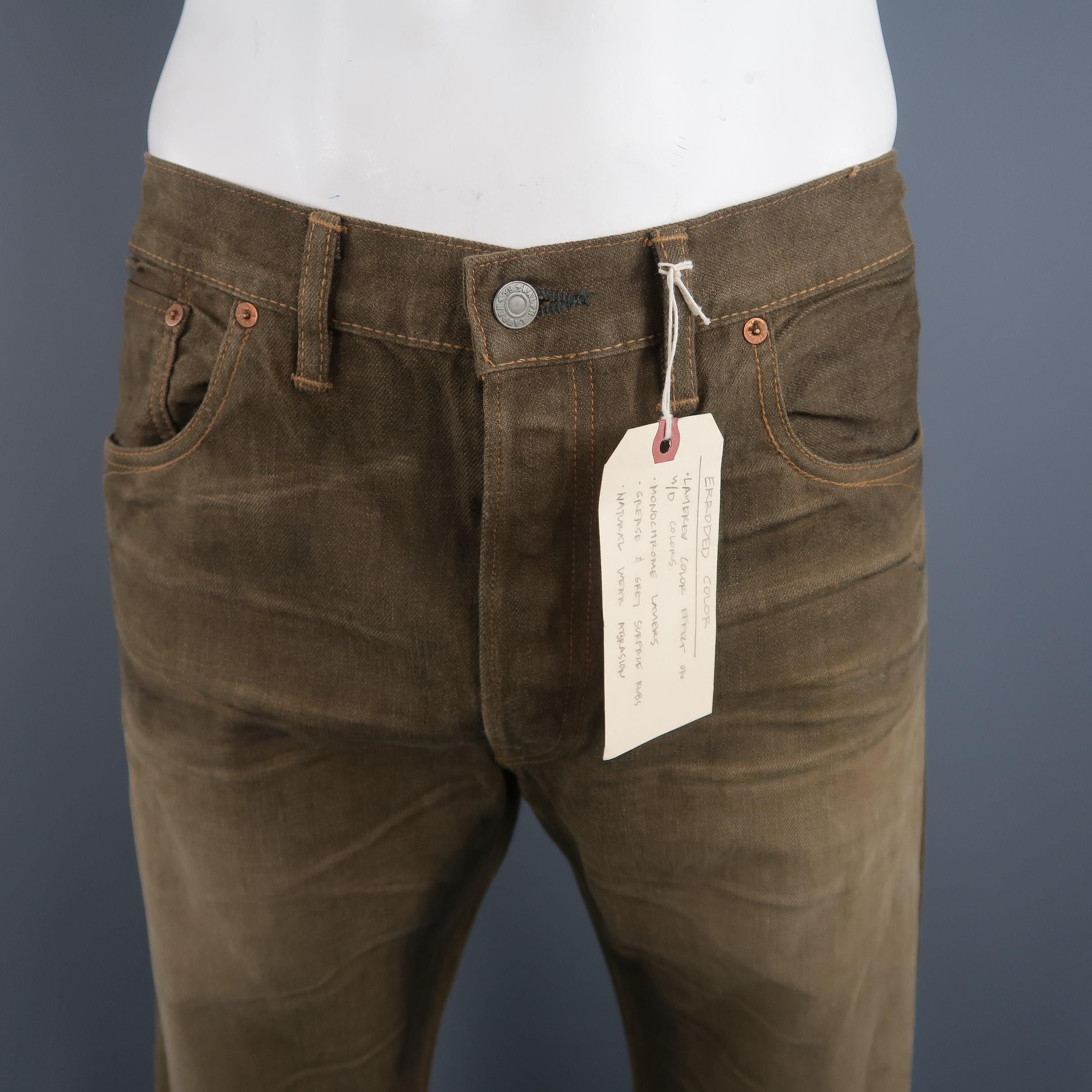 Men's RRL By Ralph Lauren Washed Olive Brown Distressed Selvage Denim Jeans