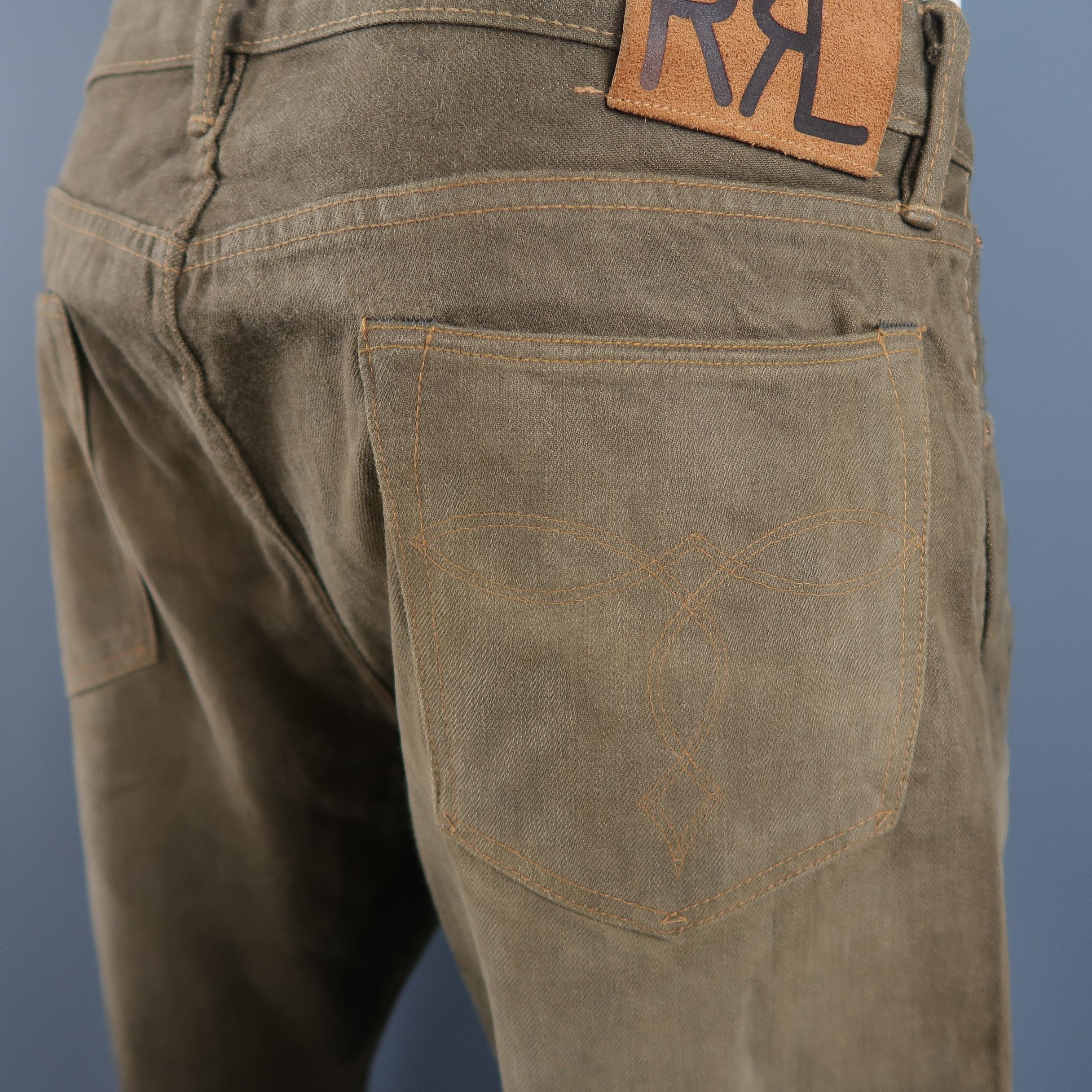 RRL By Ralph Lauren Washed Olive Brown Distressed Selvage Denim Jeans 6