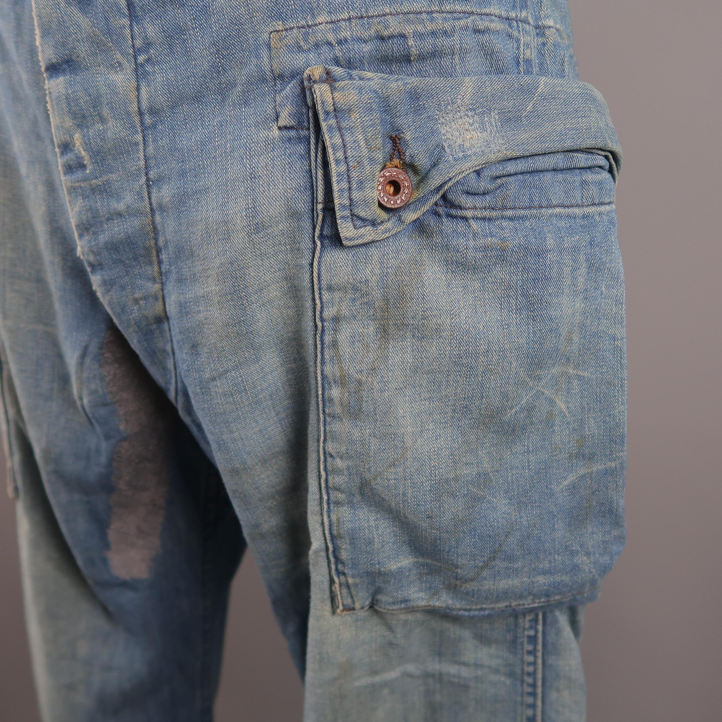 RRL By Ralph Lauren Blue Distressed Stitching Denim Cargo Pants 2
