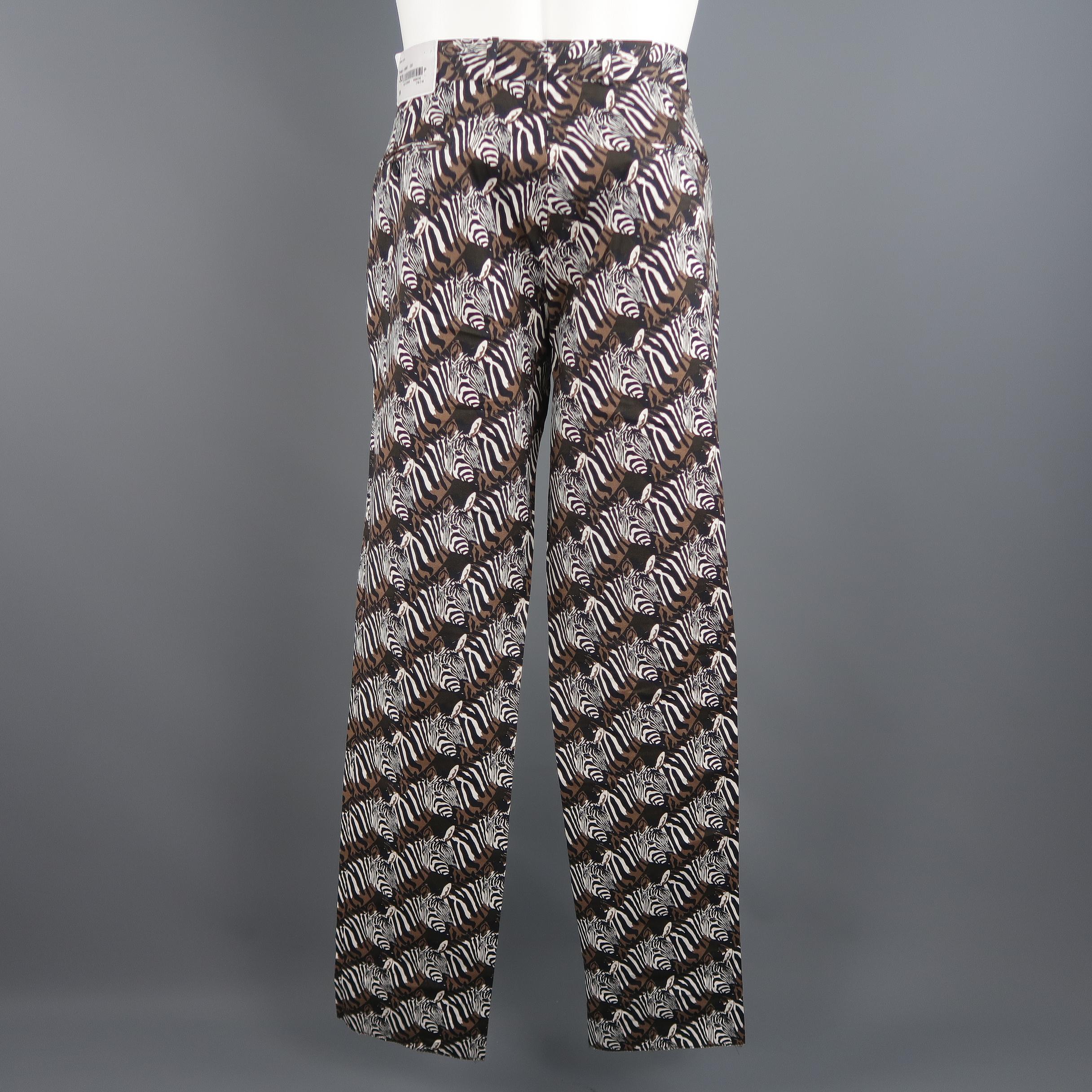  Gitman Vintage Brown Zebras Graphic Print Cotton Casual Pants In New Condition In San Francisco, CA