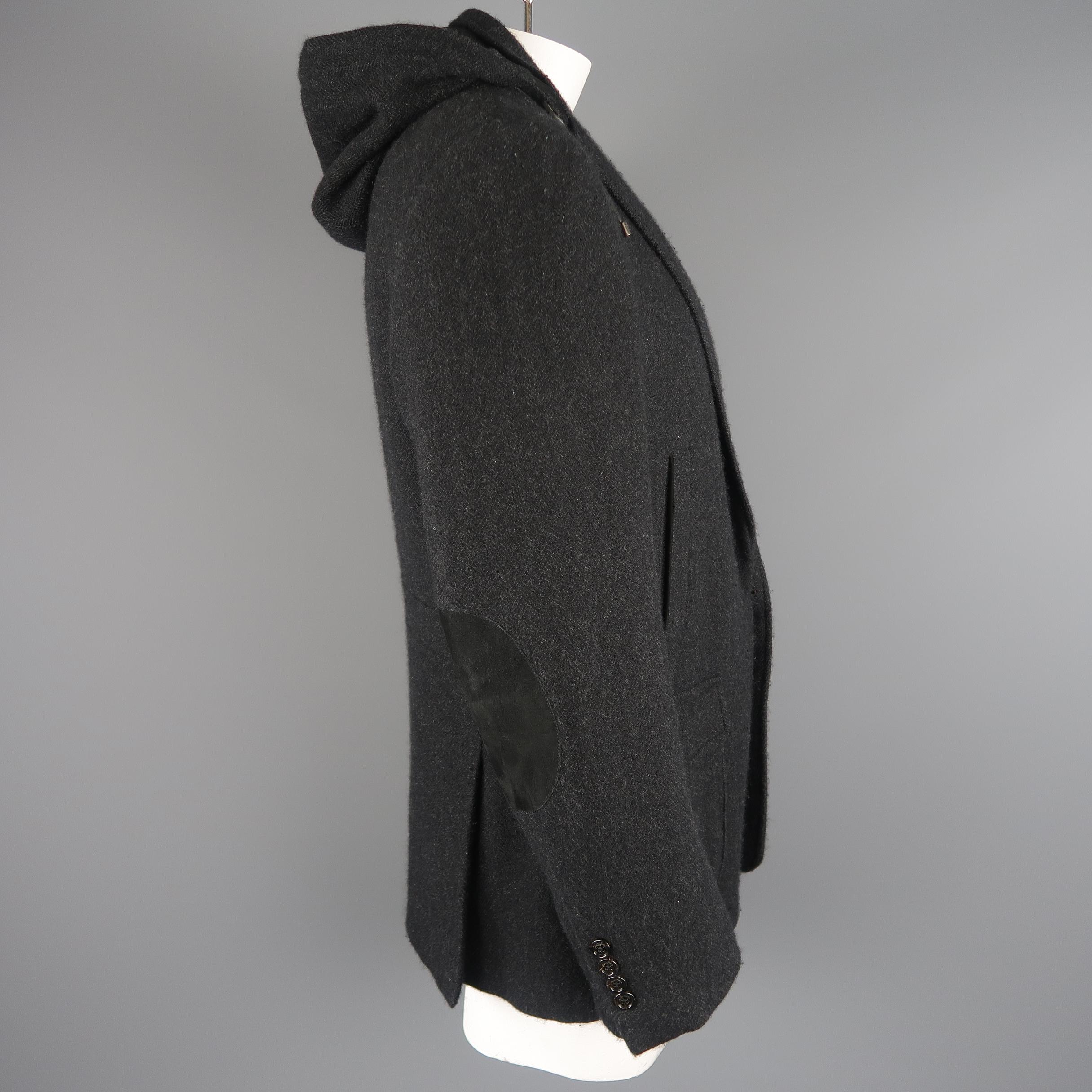 Men's Ralph Lauren Black Herringbone Cashmere Notch Lapel Hooded Sport Coat Jacket