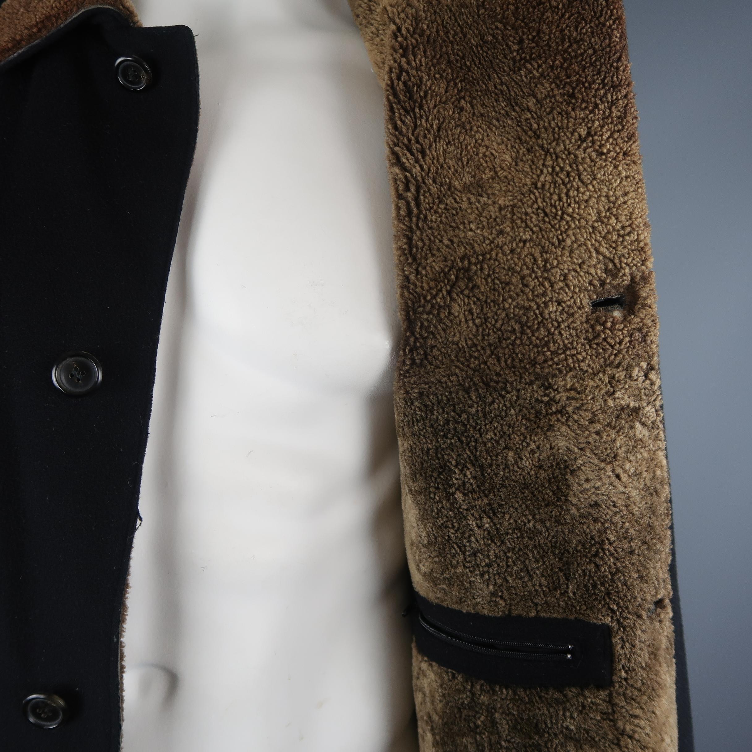 Men's Barney's New York Black Wool Brown Faux Shearling Lined Coat Jacket