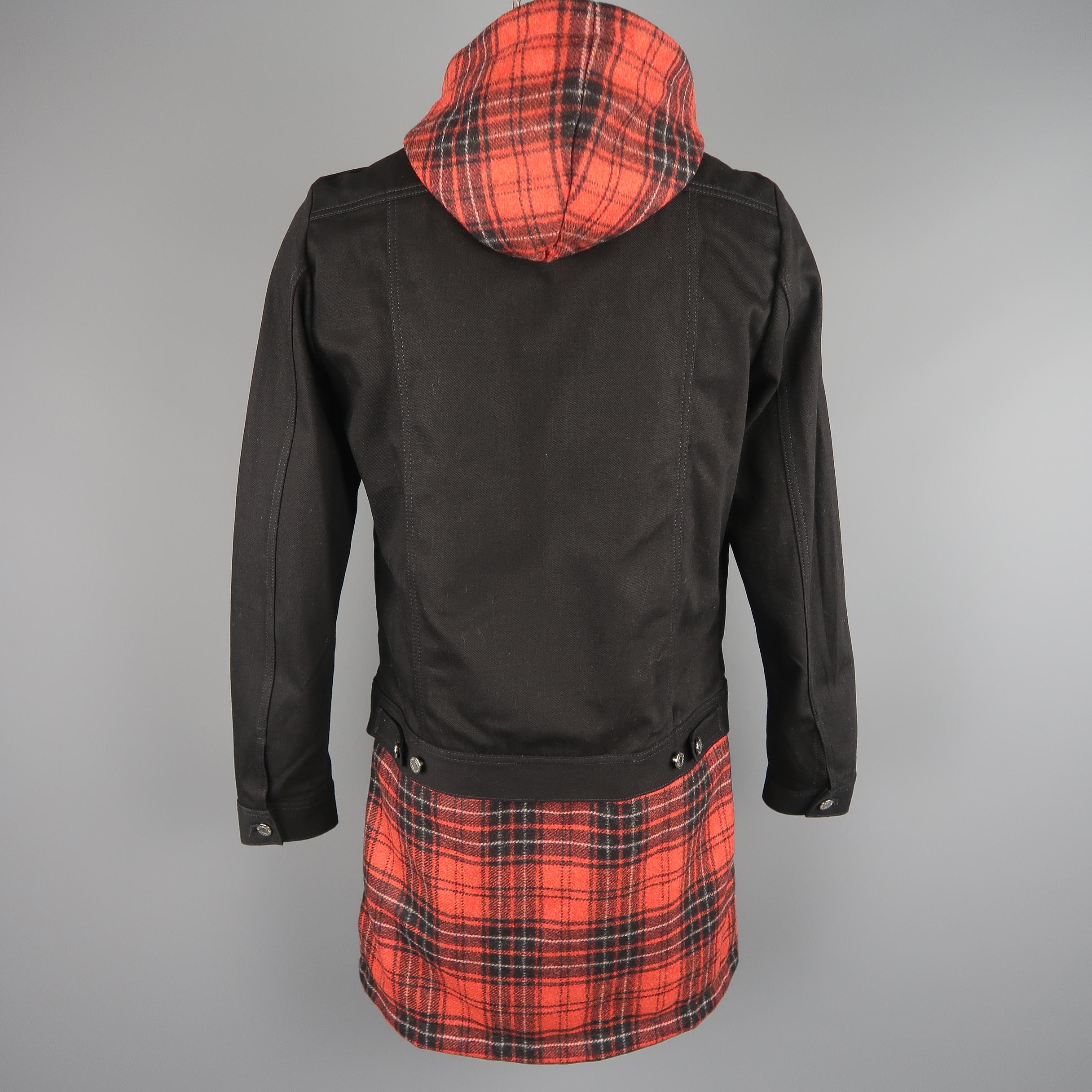 Givenchy Black Red Flannel Extended Layered Hooded Trucker Jacket 3