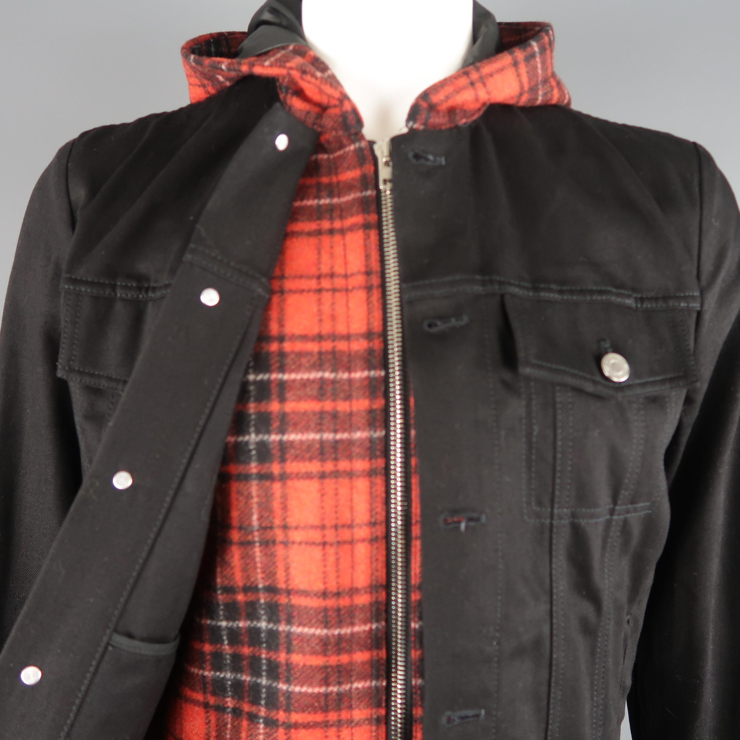 Men's Givenchy Black Red Flannel Extended Layered Hooded Trucker Jacket