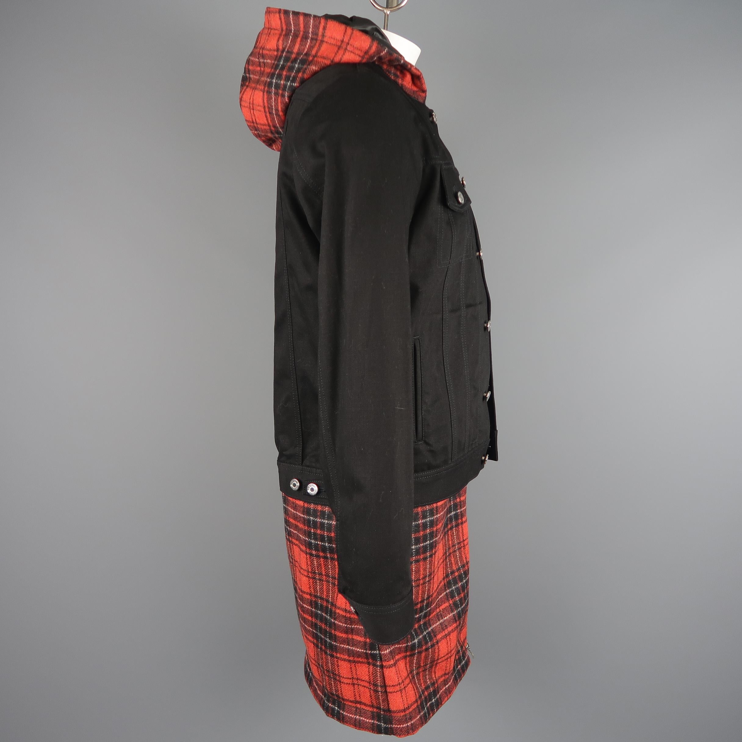 Givenchy Black Red Flannel Extended Layered Hooded Trucker Jacket 1