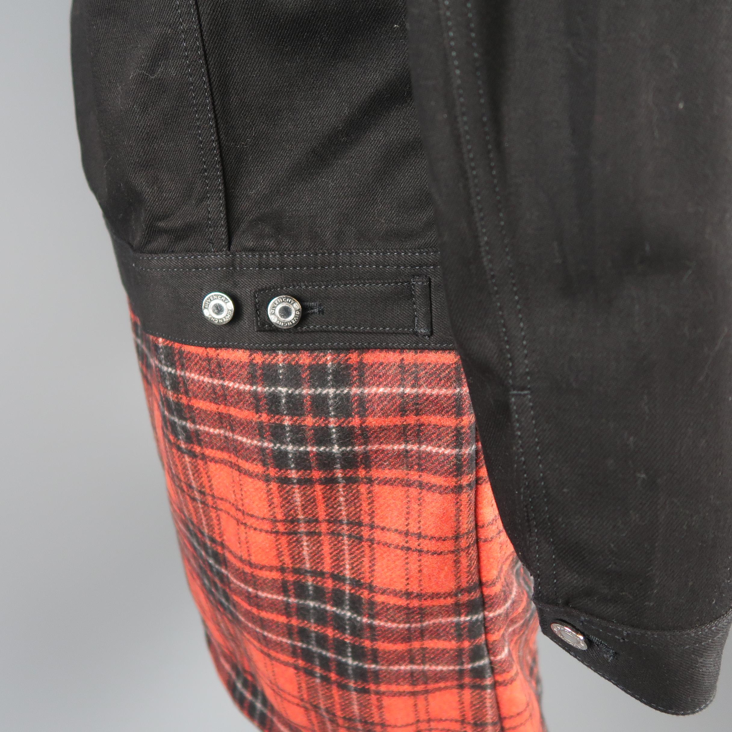 Givenchy Black Red Flannel Extended Layered Hooded Trucker Jacket 2