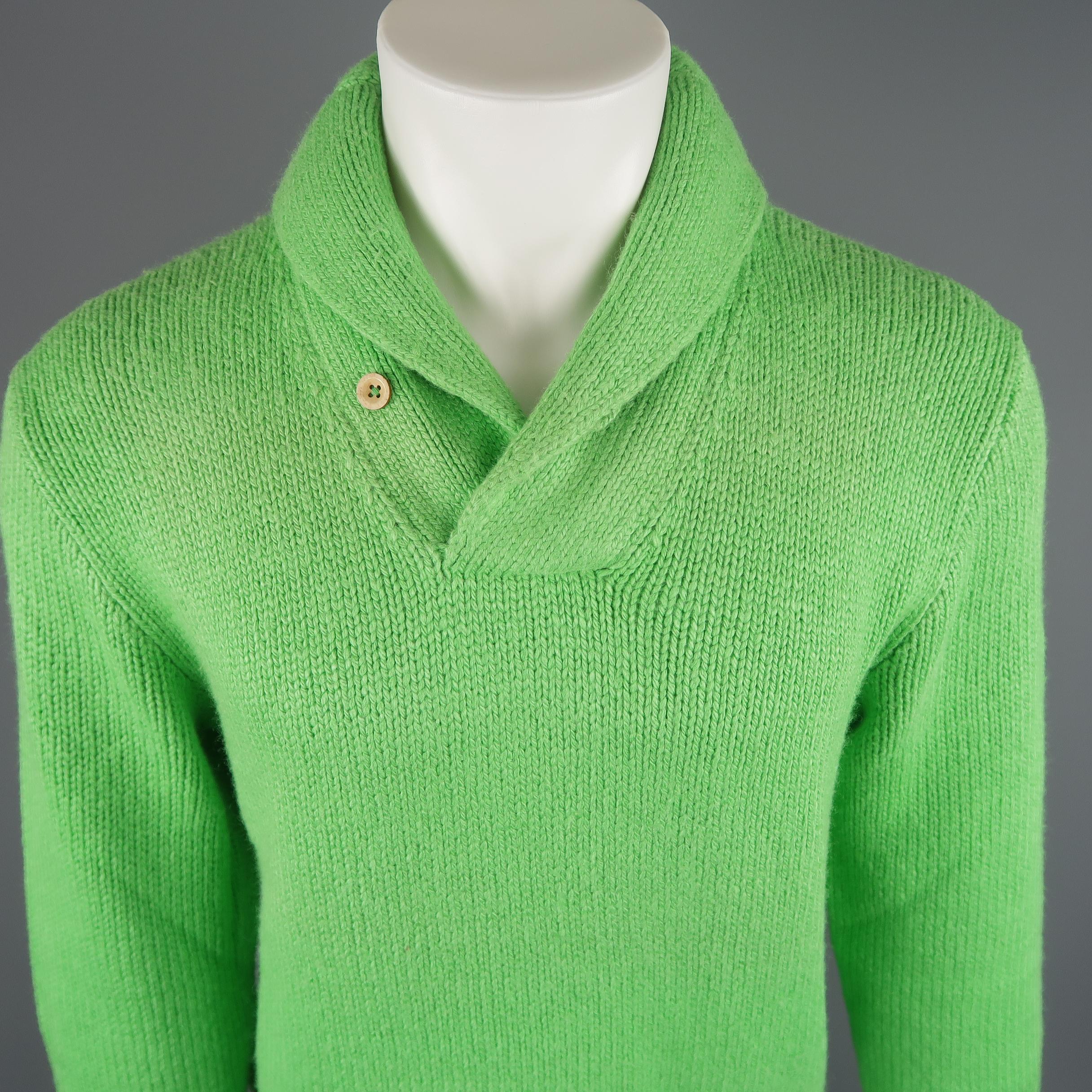 Polo By Ralph Lauren sweater comes in 100% Silk in a light green tone thick knit, with a shawl collar and ribbed cuff and waistband.
 
Good Pre-Owned Condition.
Marked: M
 
Measurements:
 
Shoulder: 19 in.
Chest: 22 in.
Sleeve: 28.5 in.
Length: 26.5