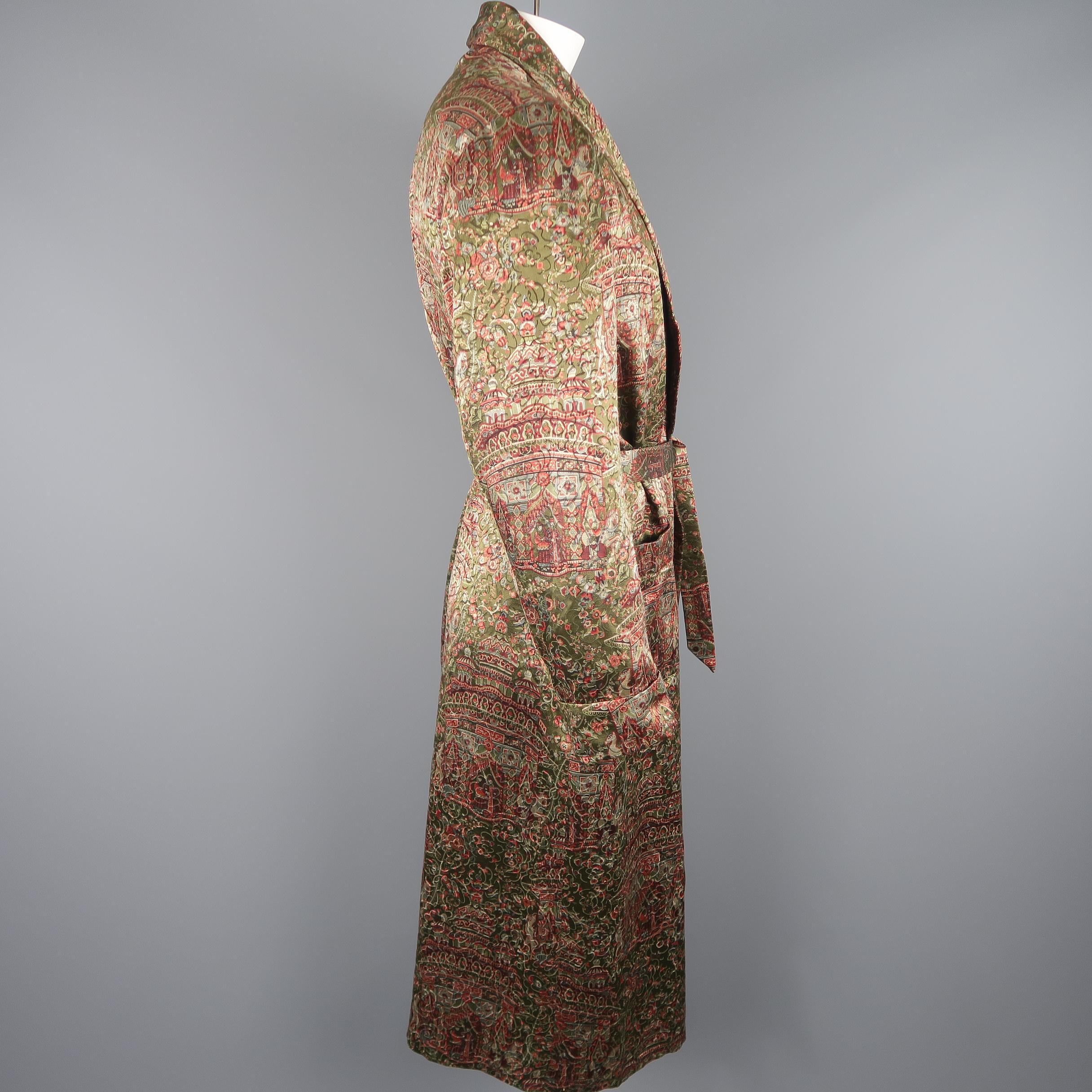 Brown Hermes Vintage Olive and Burgundy Persian Print Wool / Silk Robe
