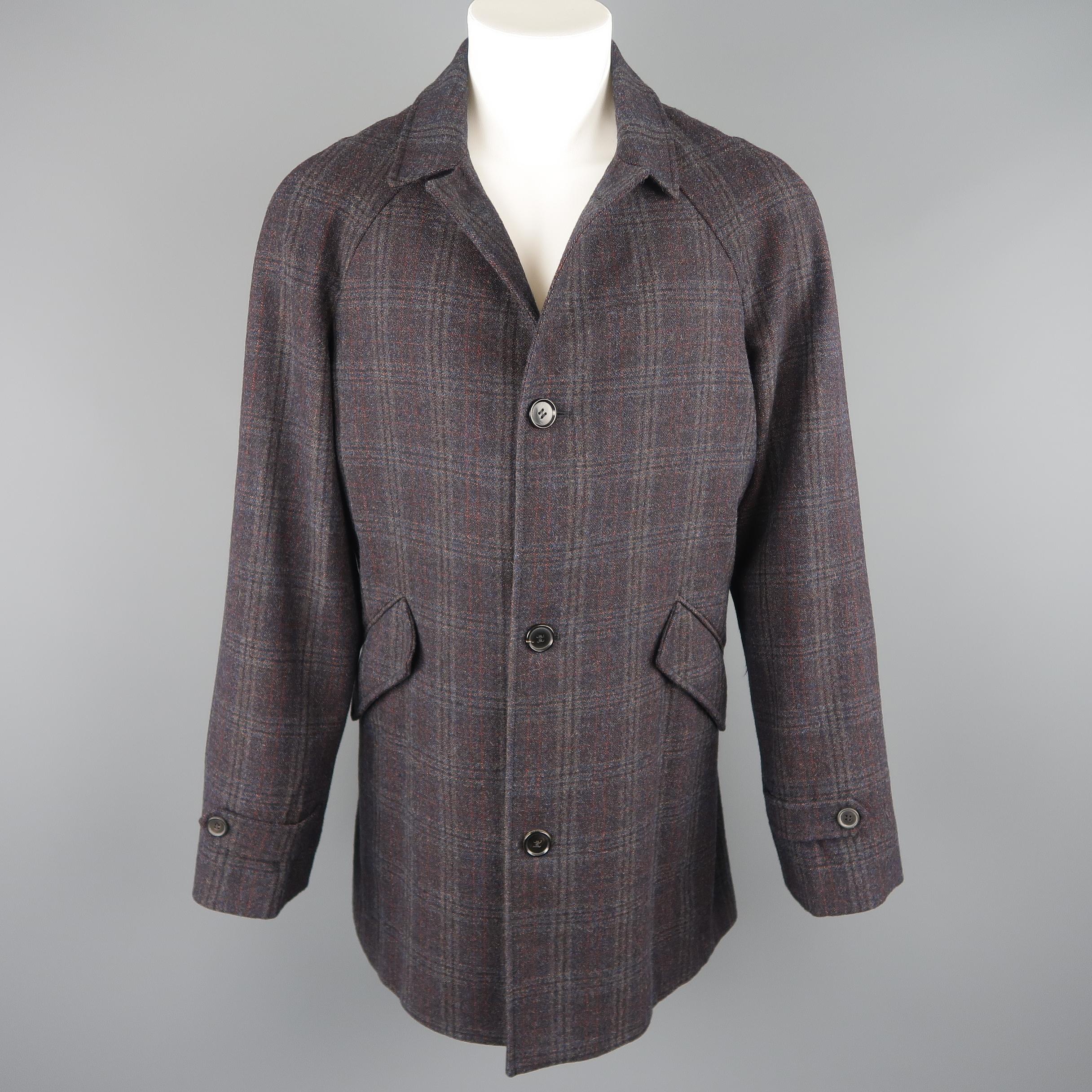Billy Reid overcoat comes in charcoal plaid wool blend fabric with a pointed collar, button up front, slanted flap pockets, raglan sleeves, and tab cuffs. Made in Italy.
 
Excellent Pre-Owned Condition.
Marked: M
 
Measurements:
 
Shoulder: 17