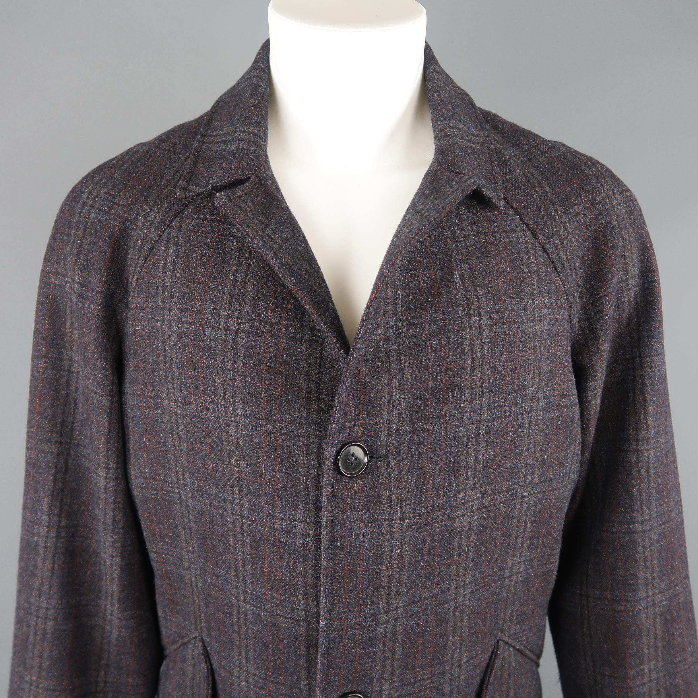 Black Billy Reid Charcoal Plaid Wool Blend Raglan Sleeve Coat