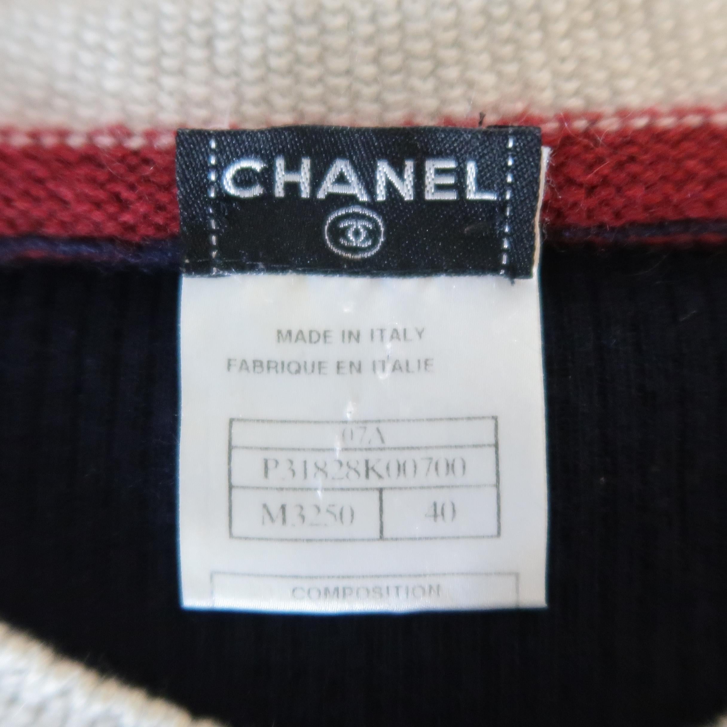 Chanel Navy Khaki and Burgundy Stripe Trim Cashmere / Silk Pullover 1