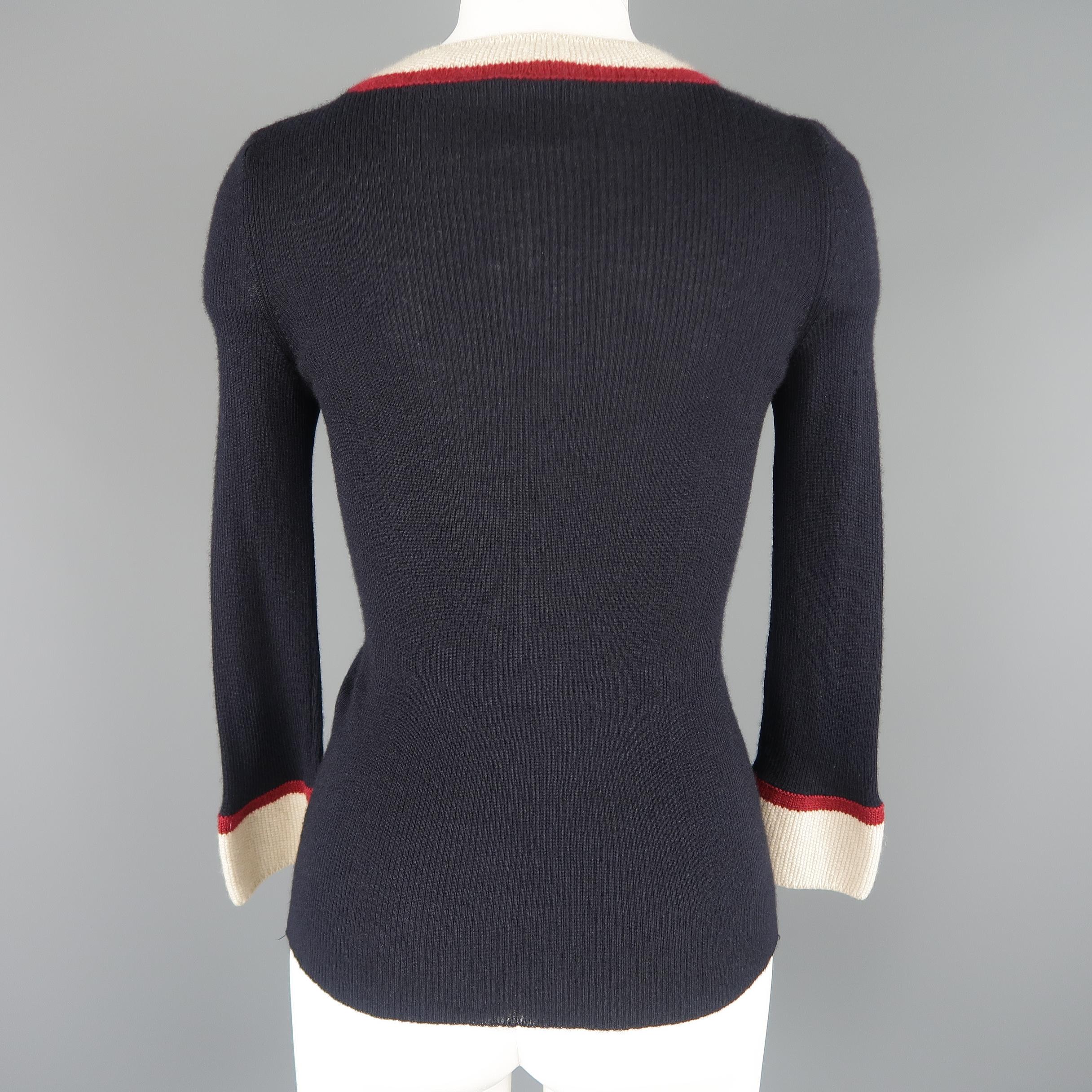 Chanel Navy Khaki and Burgundy Stripe Trim Cashmere / Silk Pullover In Excellent Condition In San Francisco, CA