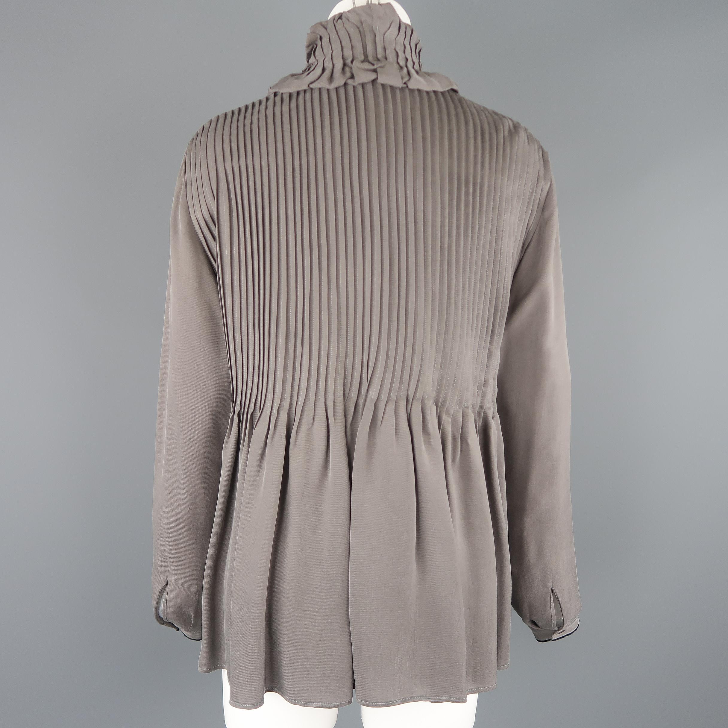 Etro Grey Pleated Velvet Trim Ruffle Blouse In Good Condition In San Francisco, CA
