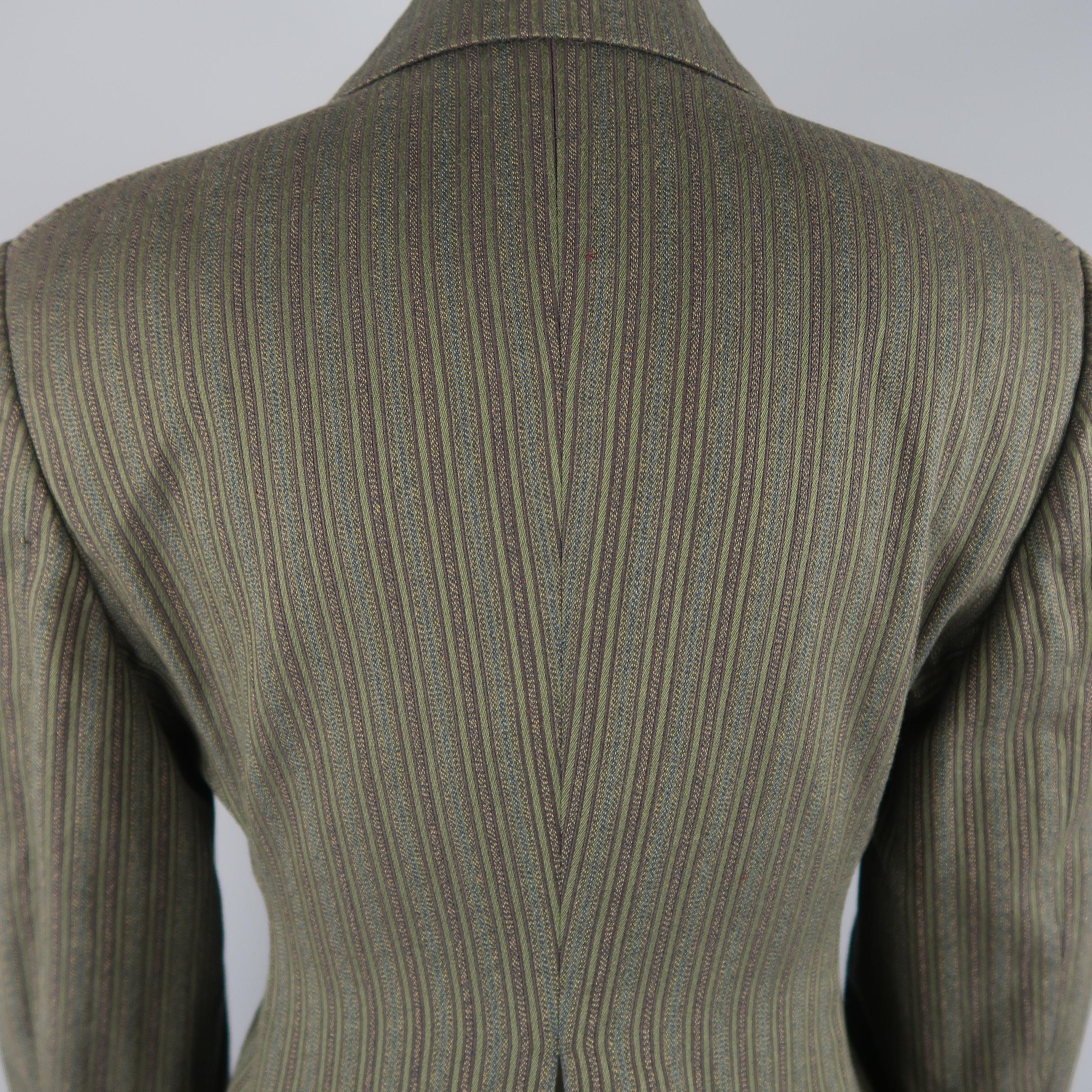 Women's Romeo Gigli Green and Brown Striped Cotton Cascade Peplum Jacket