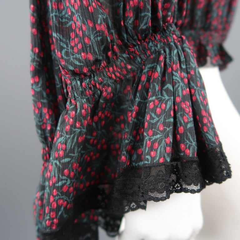 Chloe Blouse - US 2 / FR 34 - Black Cotton / Silk Berry Print Peasant ...