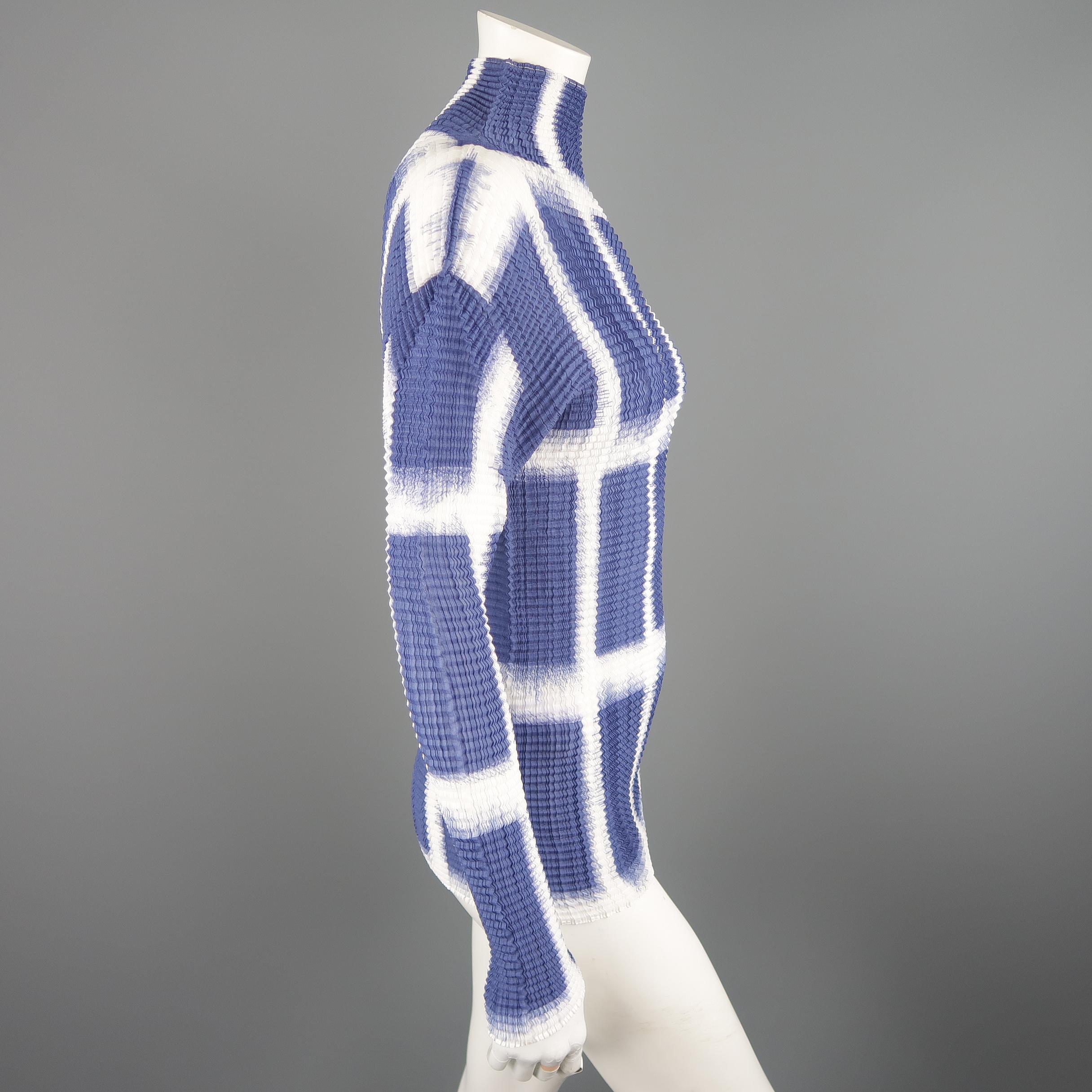 Issey Miyake White and Blue Windowpane Print Pleated Silk Mock Neck Top In Excellent Condition In San Francisco, CA