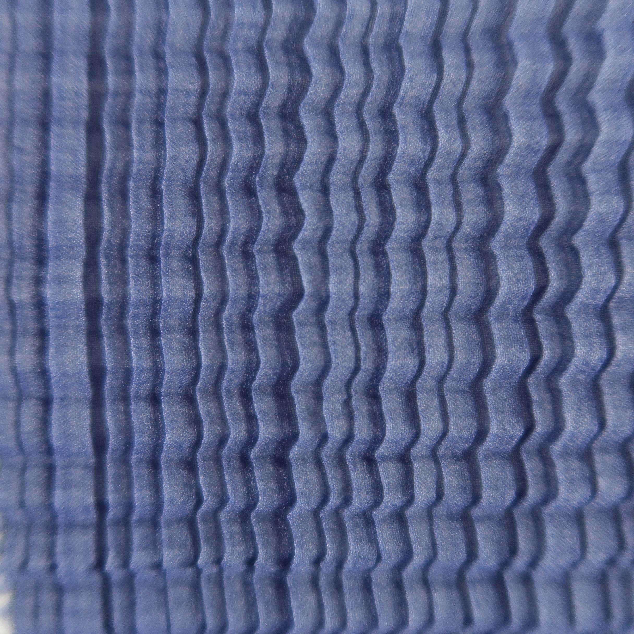Women's Issey Miyake White and Blue Windowpane Print Pleated Silk Mock Neck Top