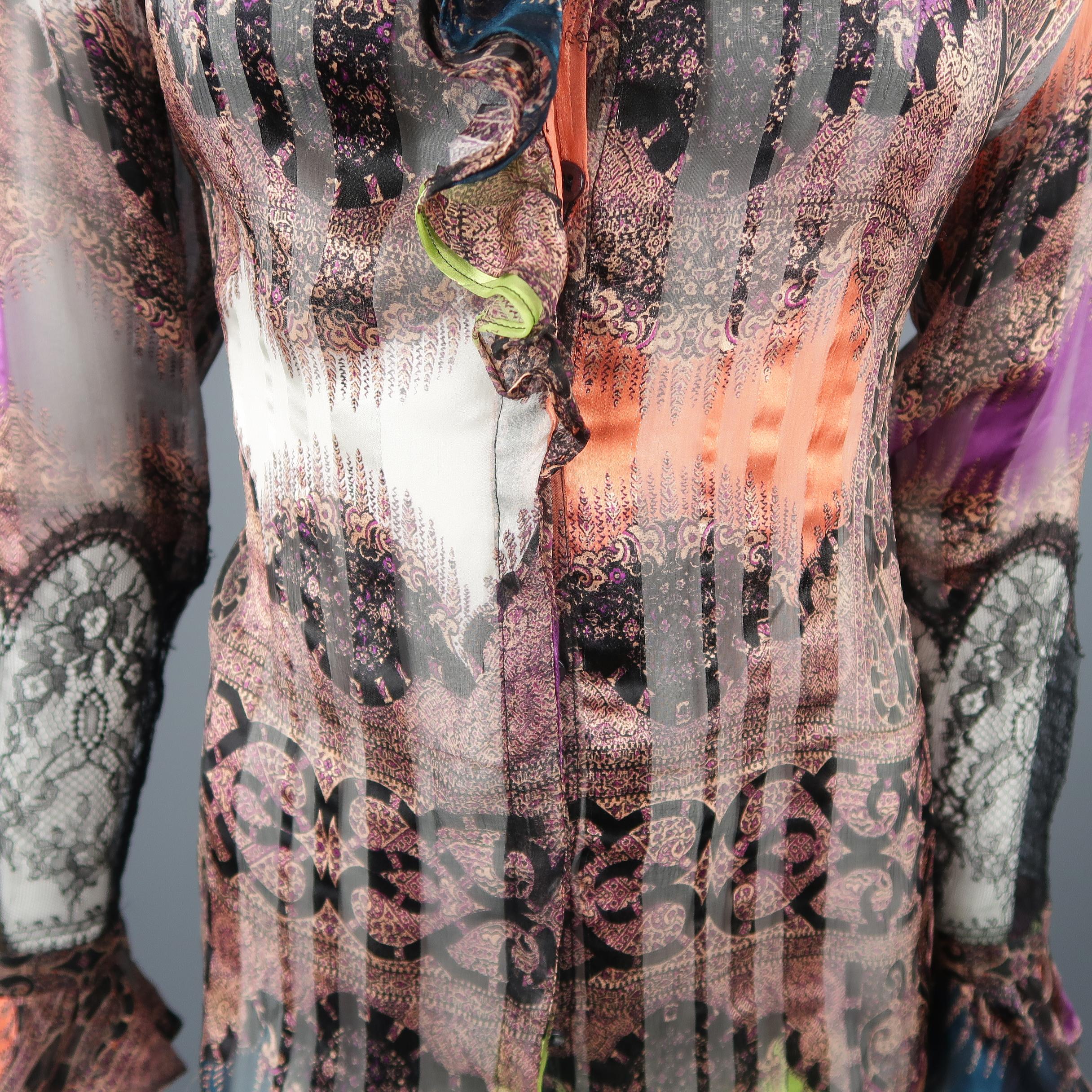 Brown Etro Purple Orange and Green Abstract Paisley Silk Ruffle Blouse