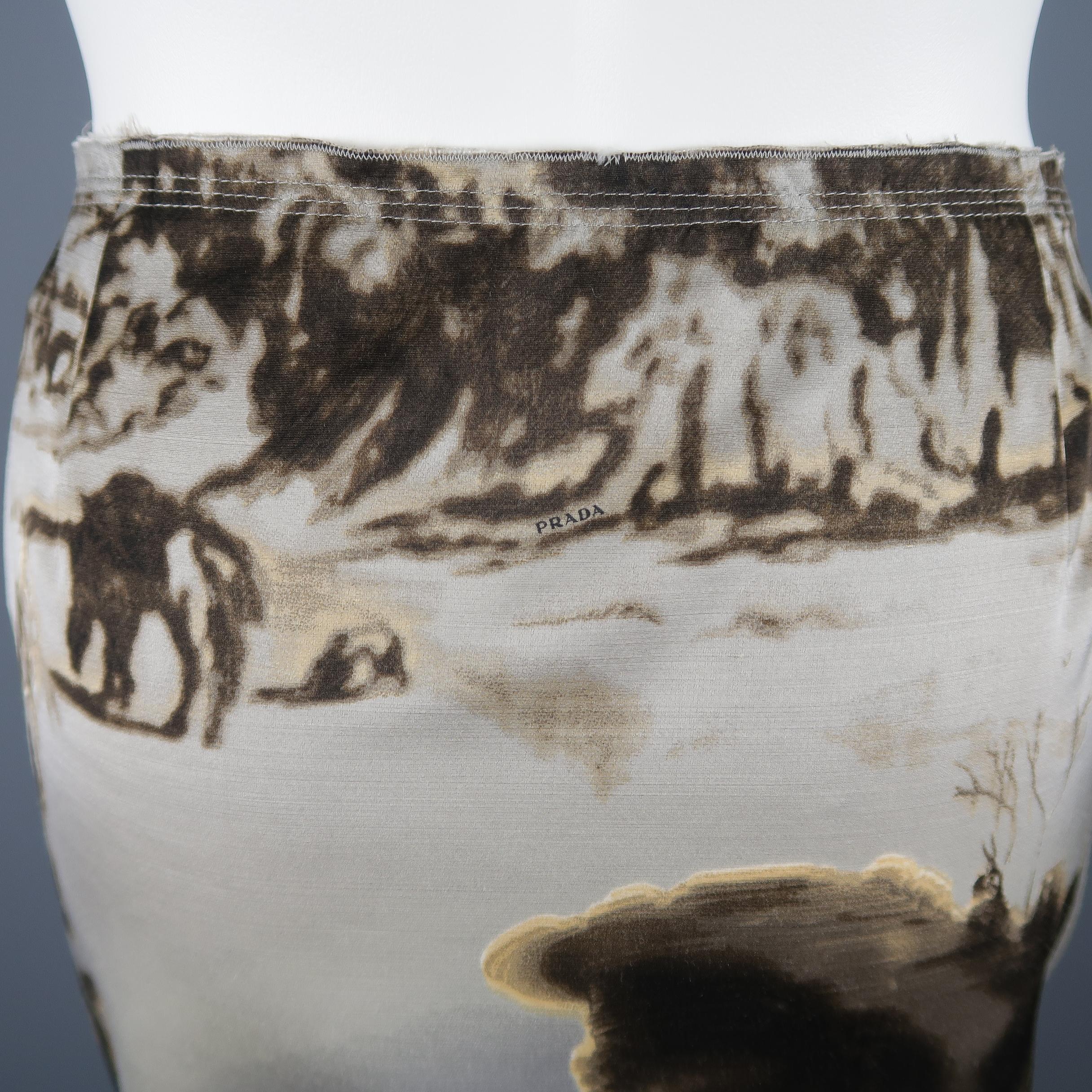 Prada Silver Grey Wool / Silk Landscape Print A Line Skirt 1