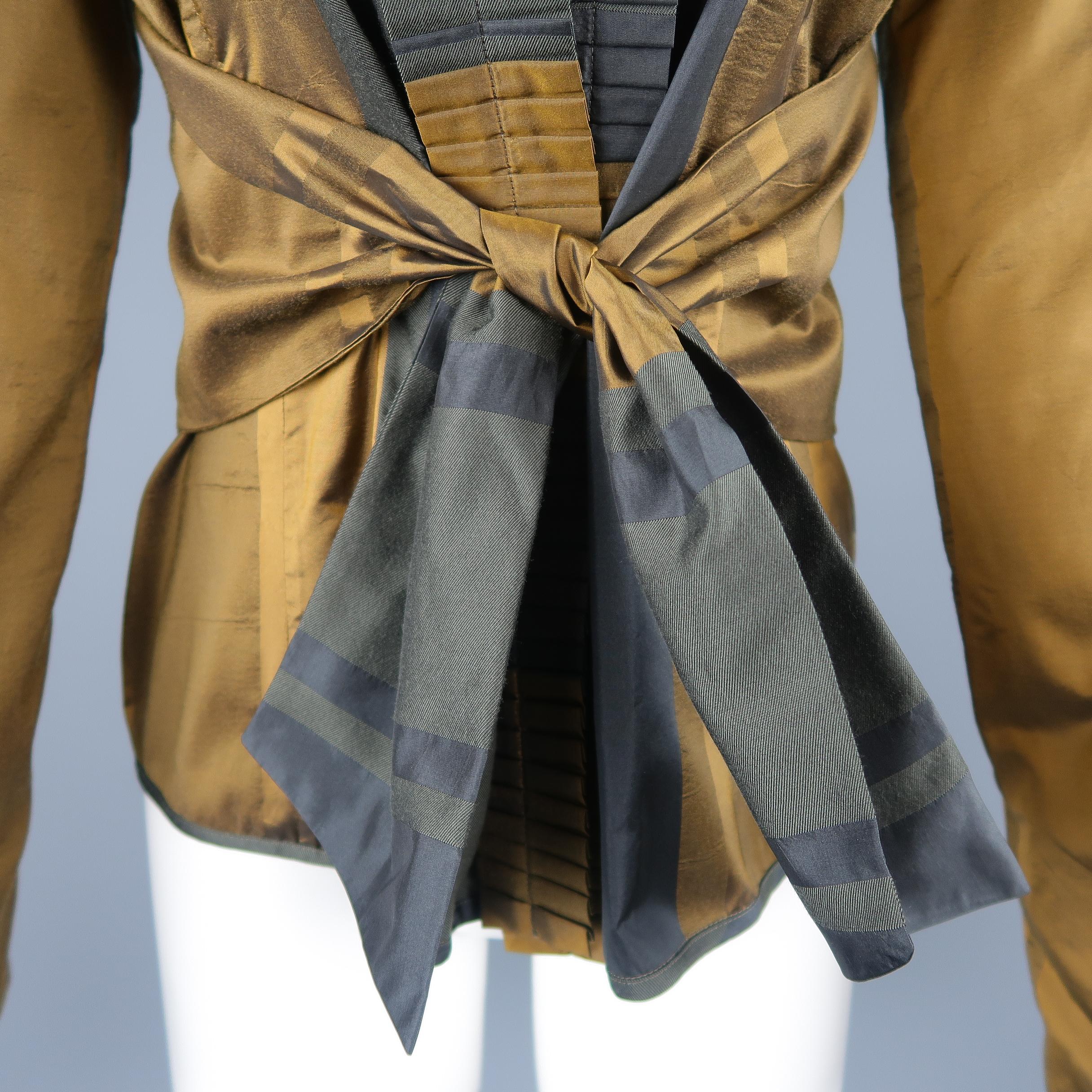 Brown Etro Dark Gold and Teal Silk Wool Taffeta Ruffled Tie Jacket