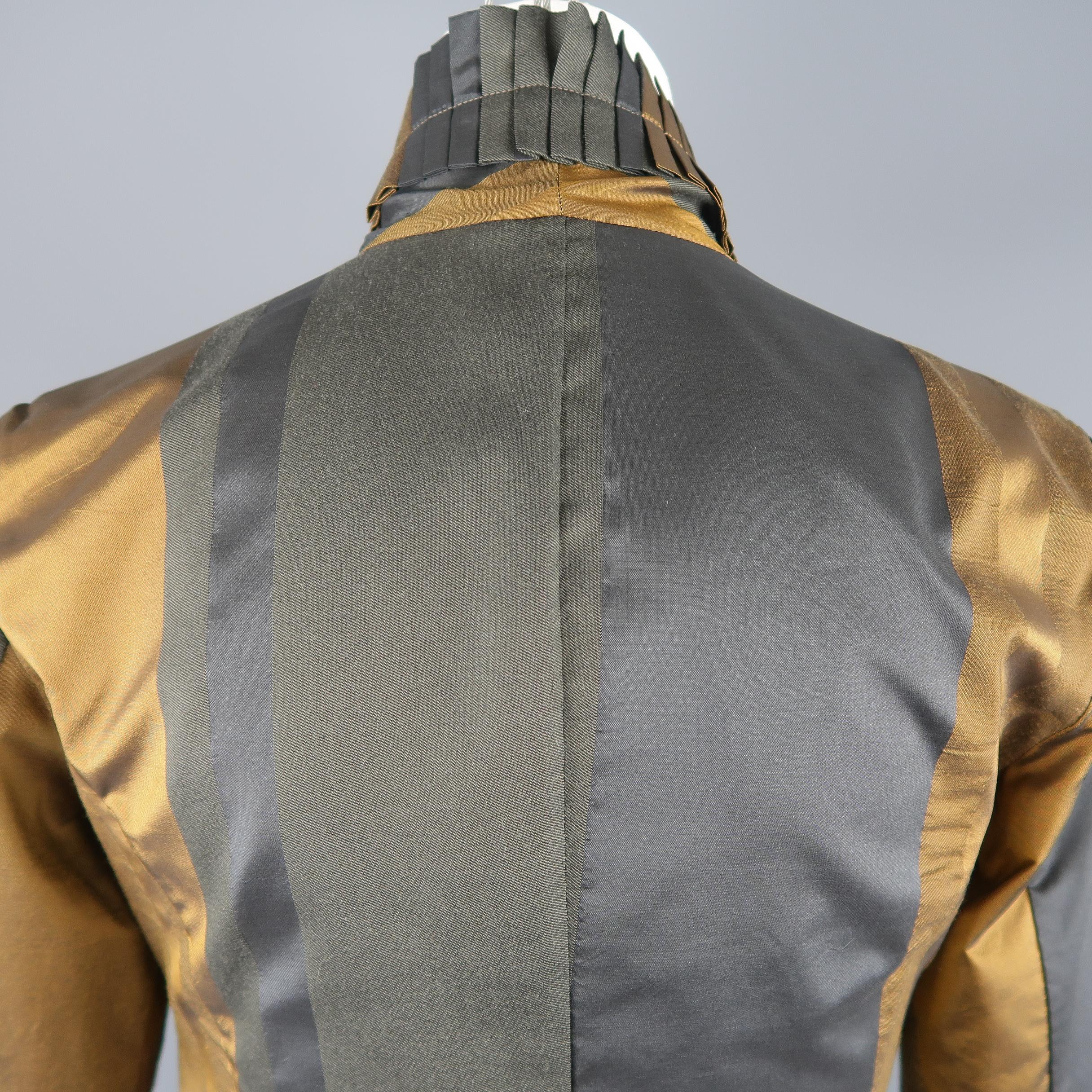 Etro Dark Gold and Teal Silk Wool Taffeta Ruffled Tie Jacket 1