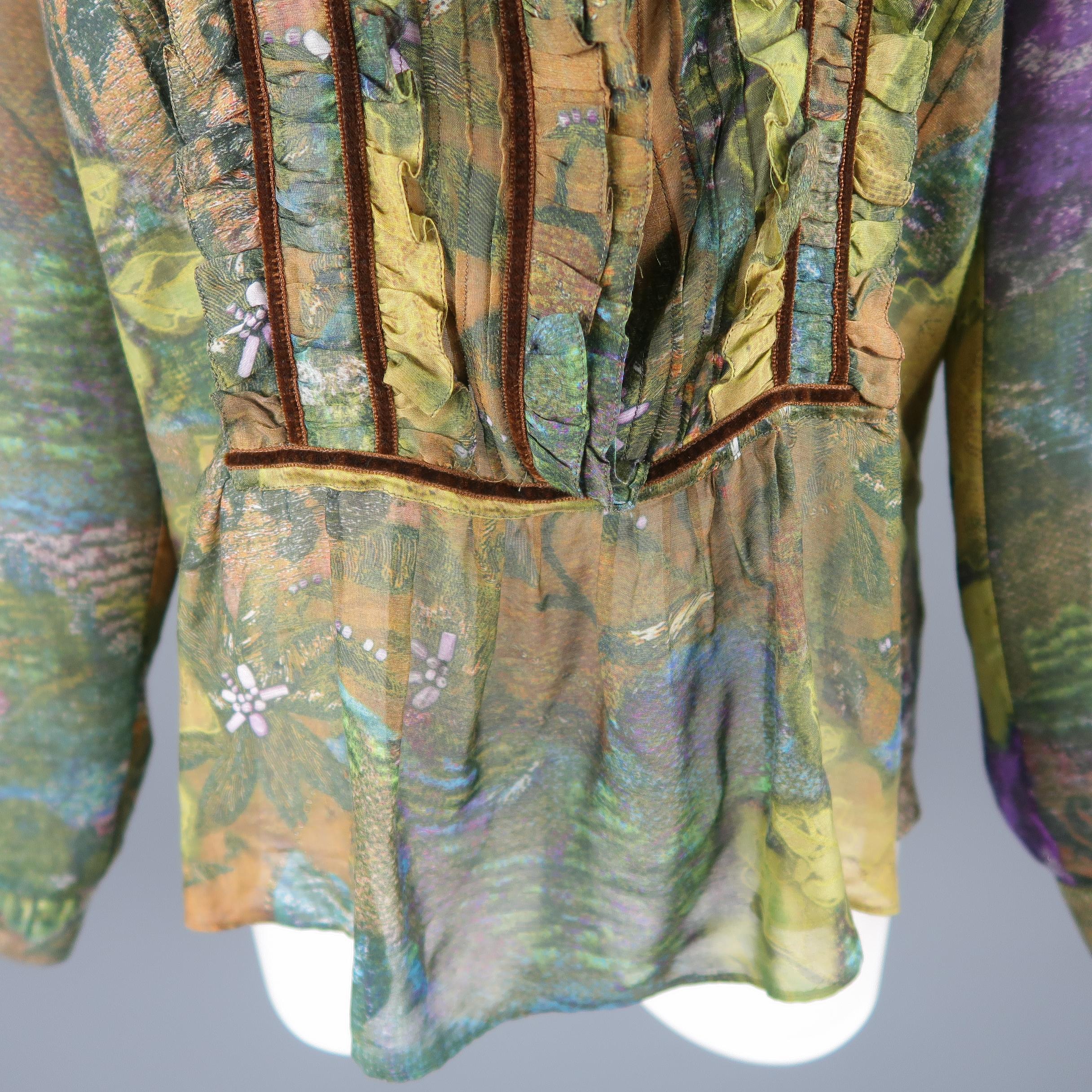 Etro Green Floral Chiffon Velvet Trimmed Ruffle Bib Blouse In Excellent Condition In San Francisco, CA