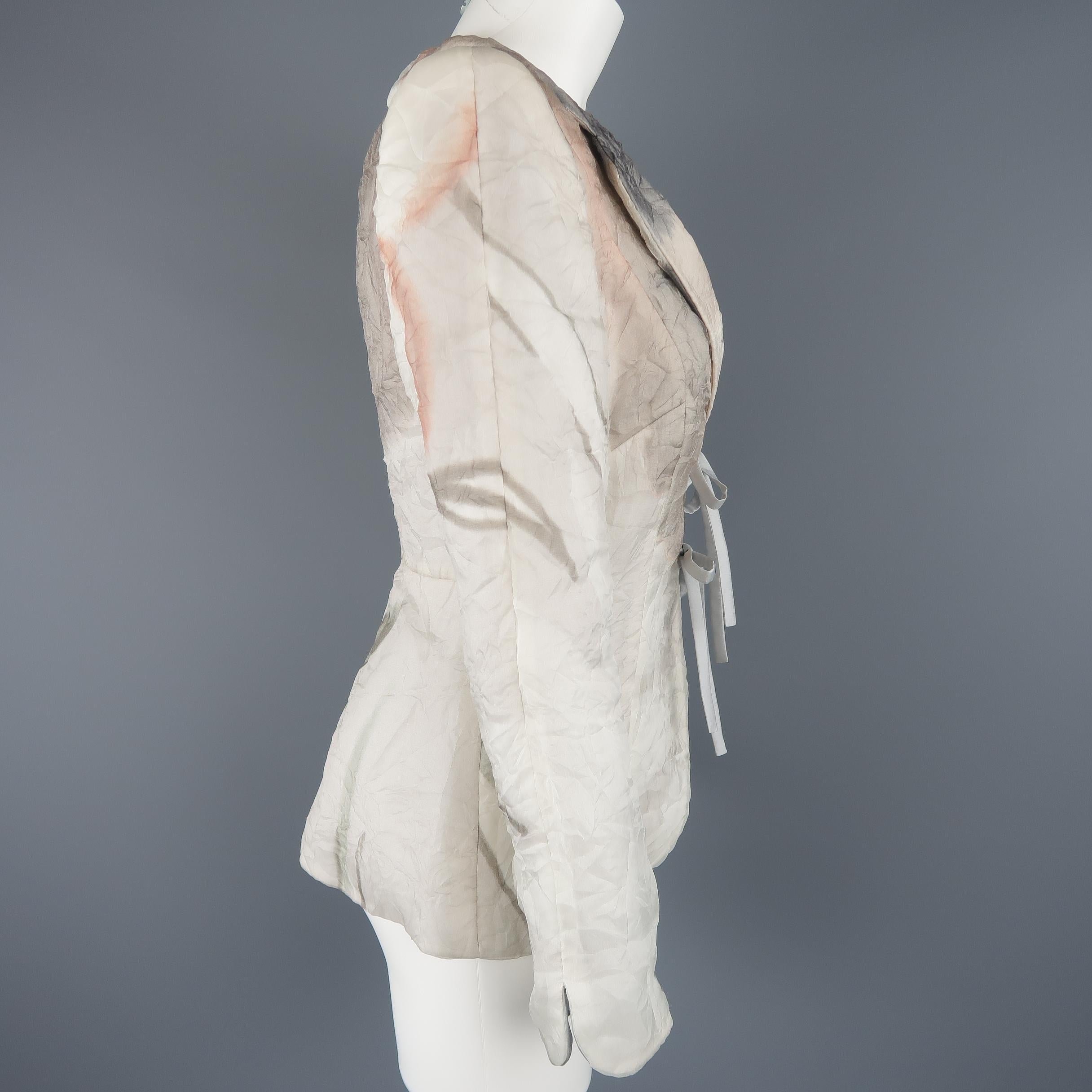 Women's Giorgio Armani Light Gray Print Wrinkle Textured Silk Bow Ties Jacket