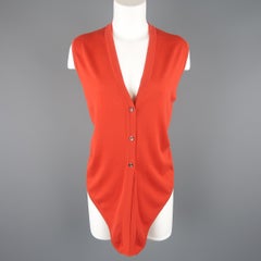 HERMES Size L Orange Cotton Knit V-Neck Tie Vest Top Cardigan