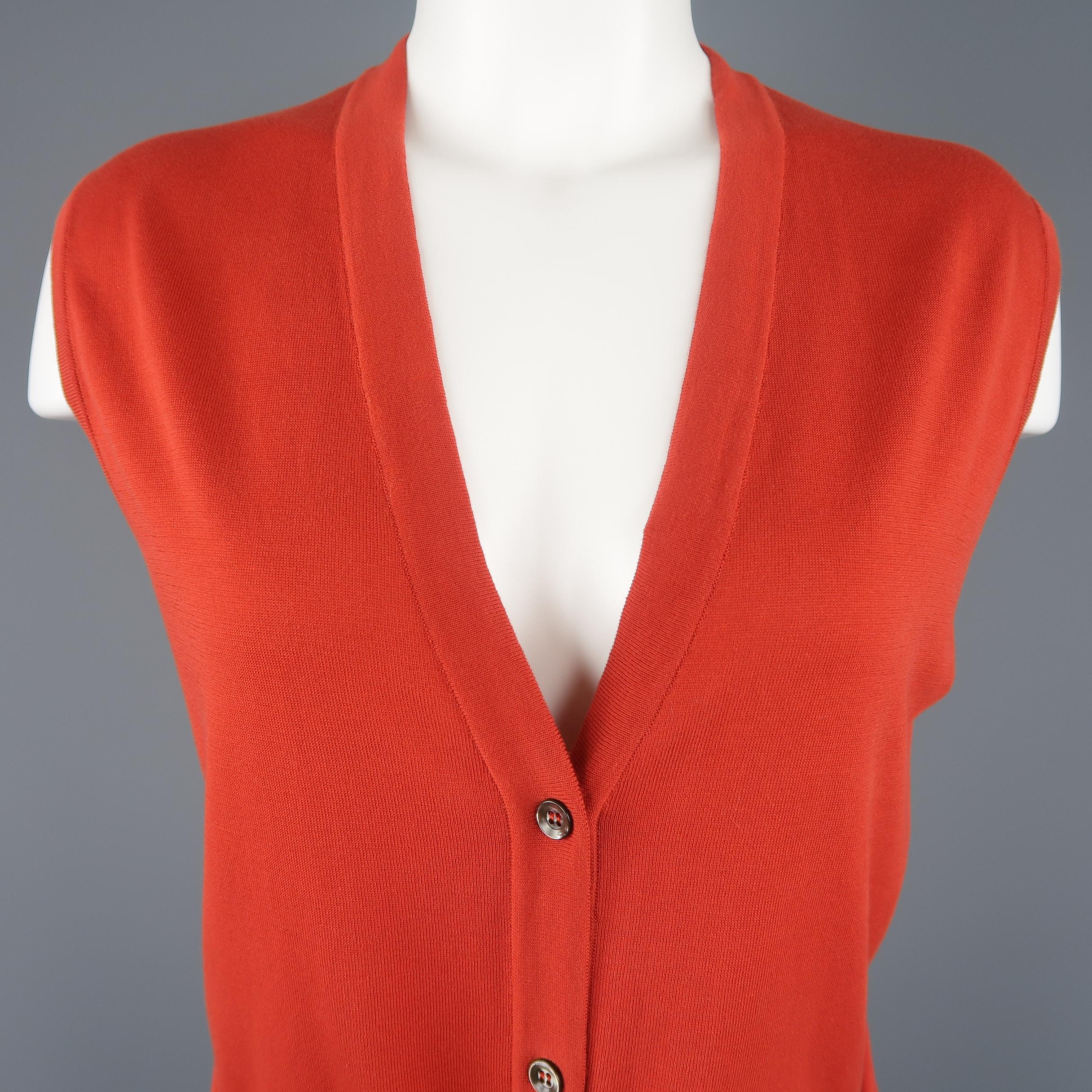 Red HERMES Size L Orange Cotton Knit V-Neck Tie Vest Top Cardigan