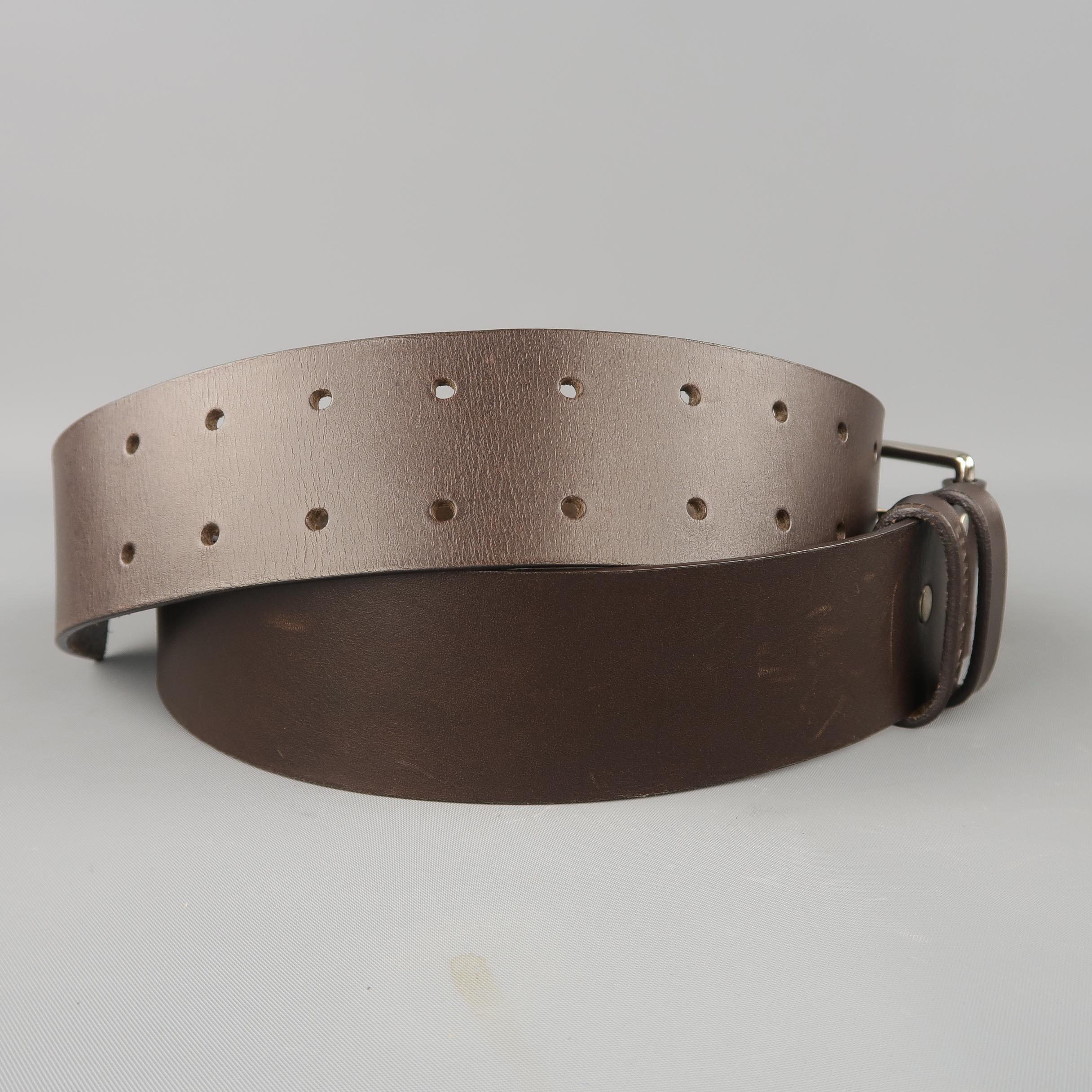 UMIT BENAN Belt - Size 34 Dark Brown Leather Silver Double Prong Buckle In New Condition In San Francisco, CA