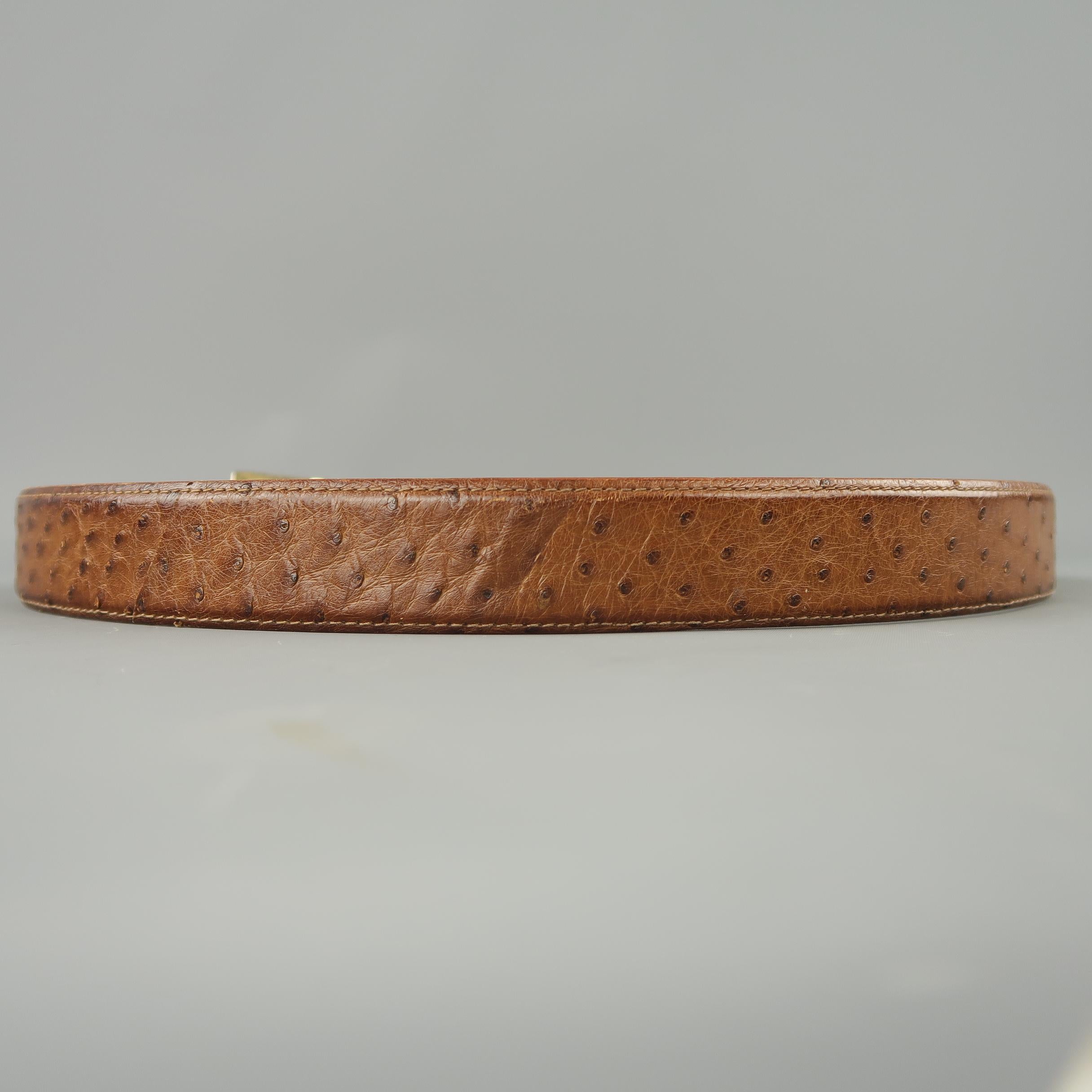 LONGHI Size 38 Brown Ostrich Textured Dress Belt In Excellent Condition In San Francisco, CA