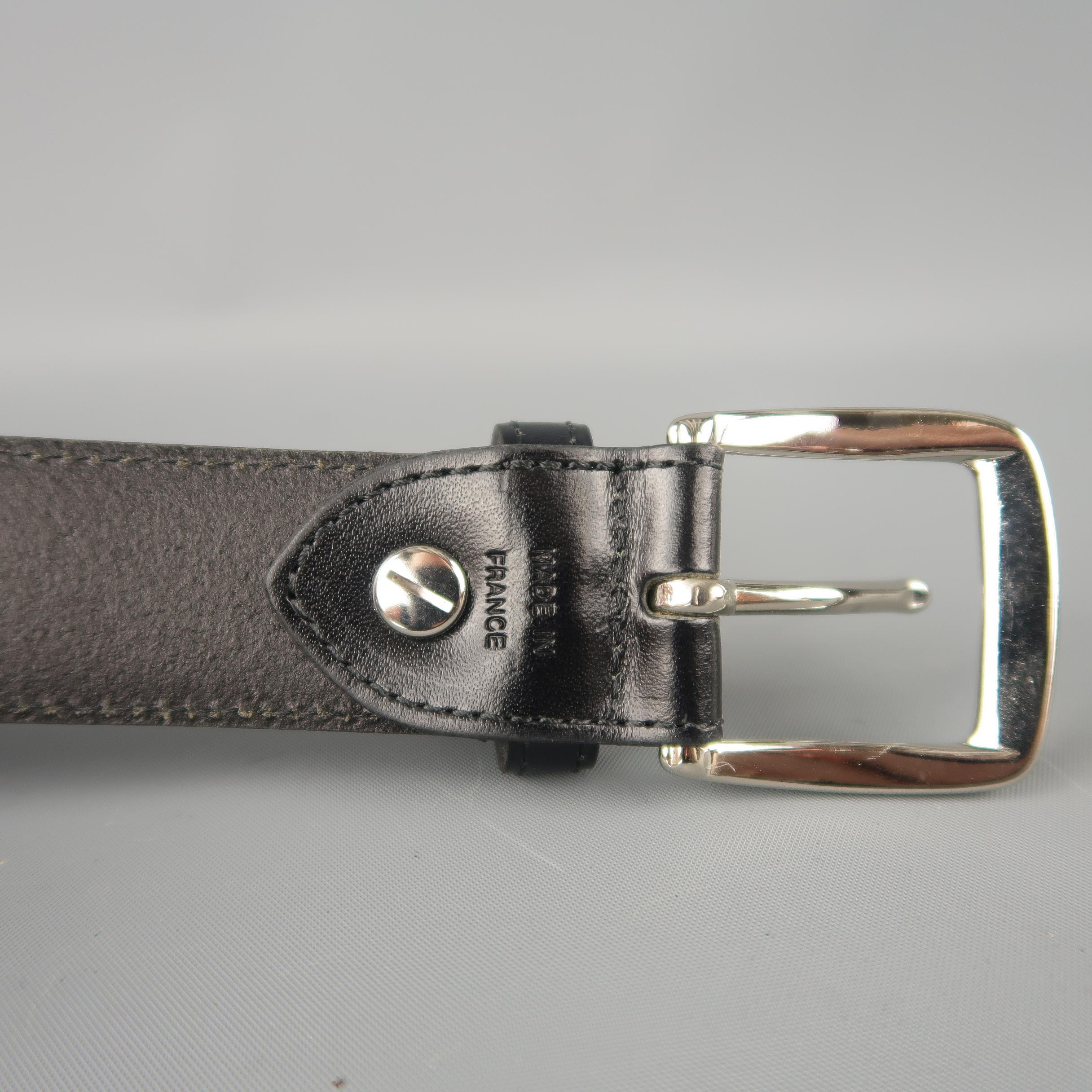 LONGCHAMP Size 44 Silver Buckle Black Leather Dress Belt 1