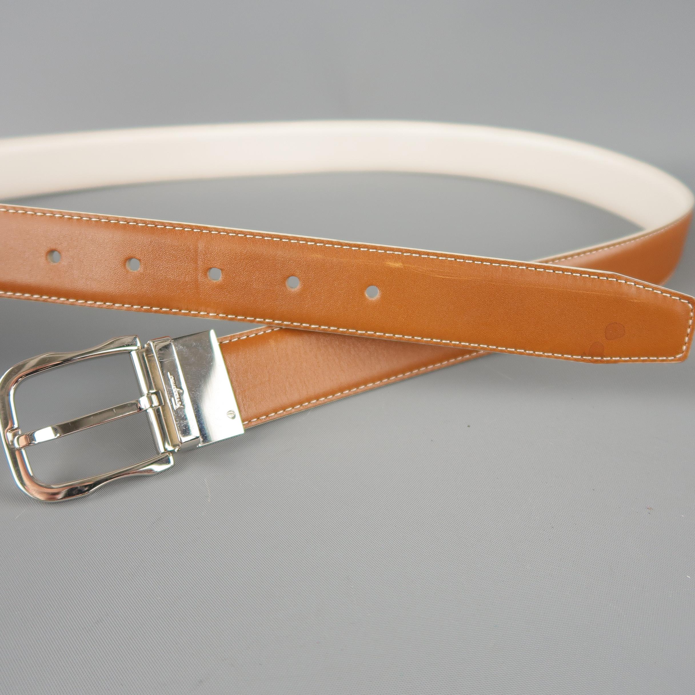 SALVATORE FERRAGAMO Size 40 Tan & White Leather Reversible Belt 1
