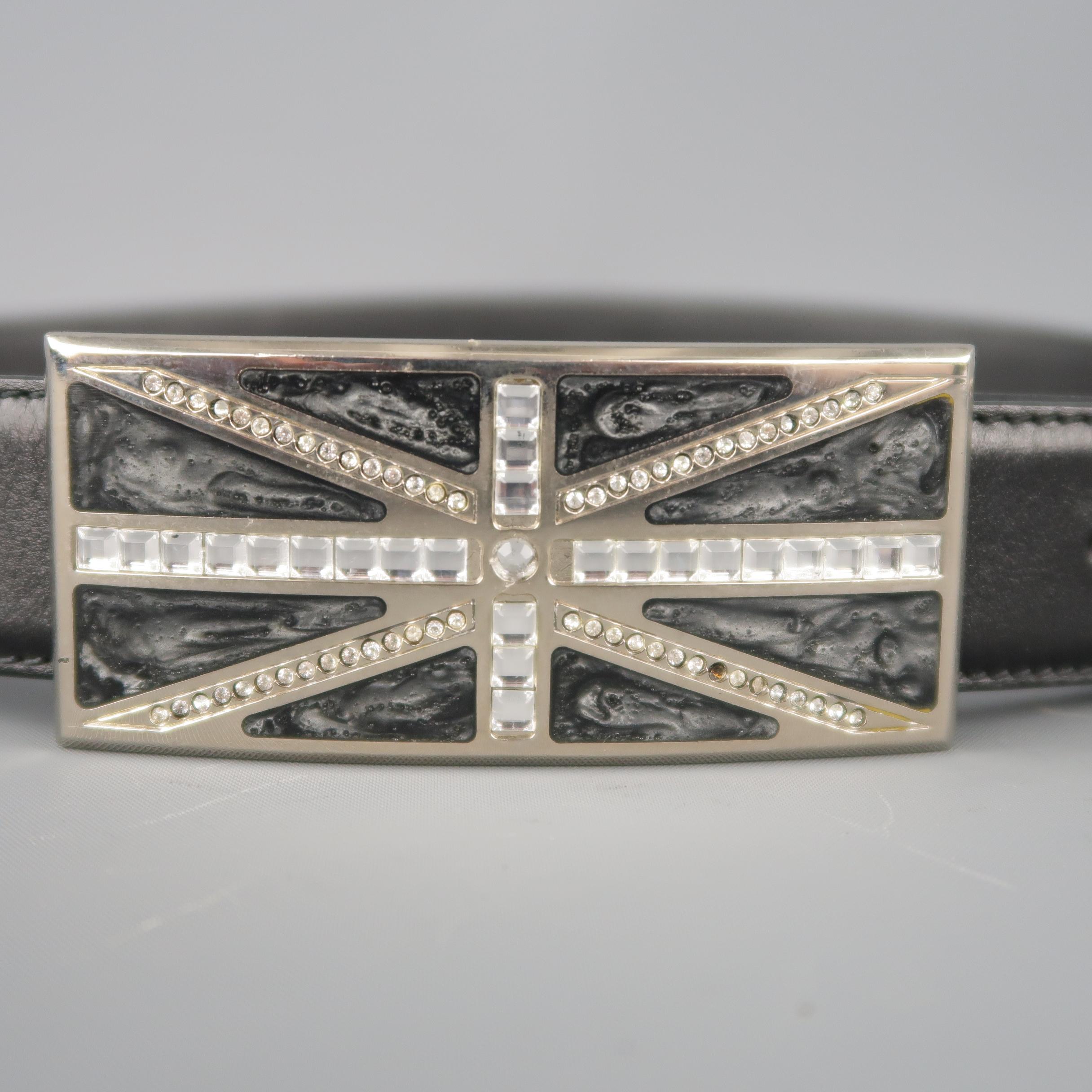 Vintage GIANNI VERSACE belt features a black leather strap and silver tone marbled enamel Union Jack buckle with rhinestones. Missing a stone on buckle and wear on strap. As-is. Made in Italy.
 
Pre-Owned Condition.
Marked: 70 / 28
 
Length: 31