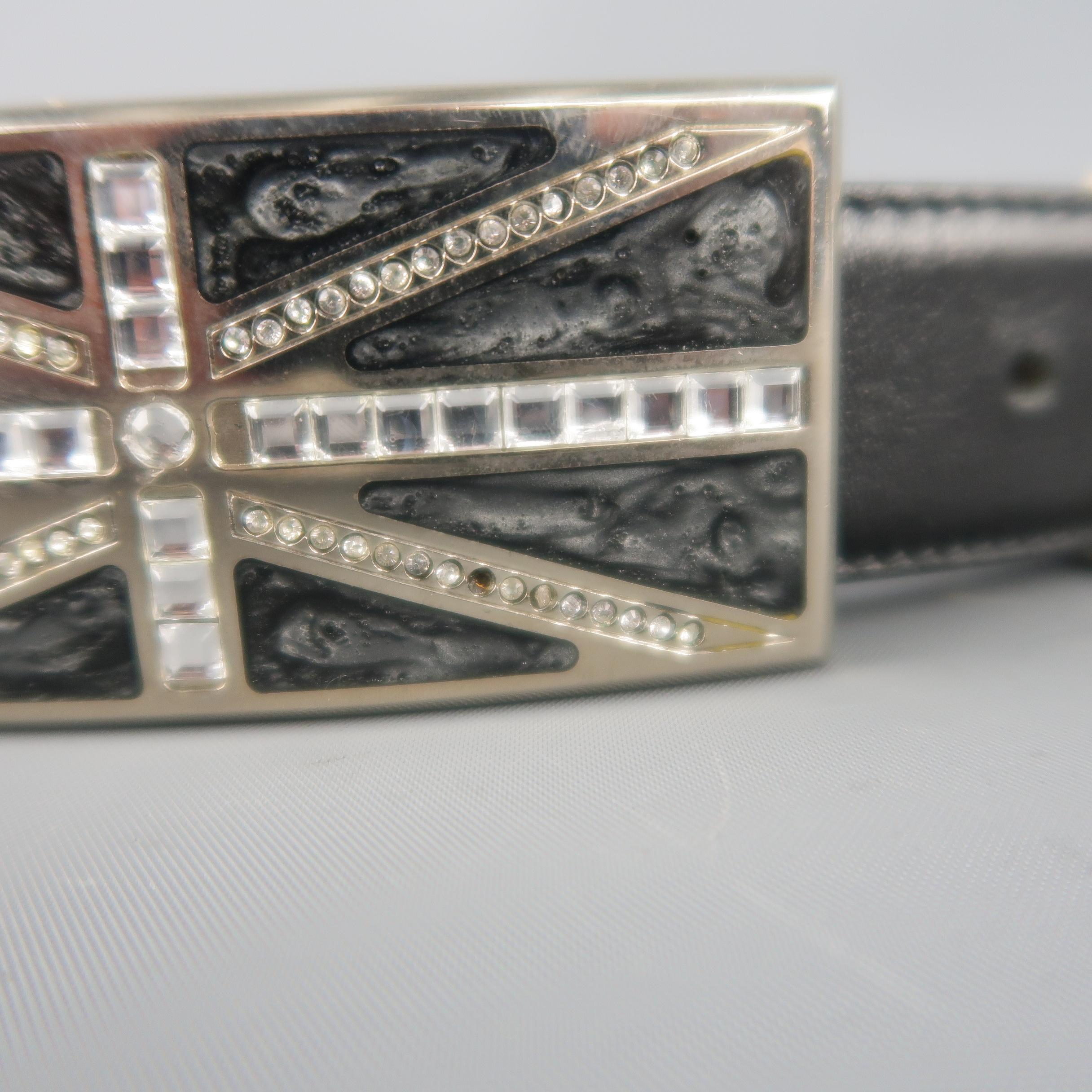 GIANNI VERSACE Size 28 Rhinestone Union Jack Black Leather Belt In Fair Condition In San Francisco, CA