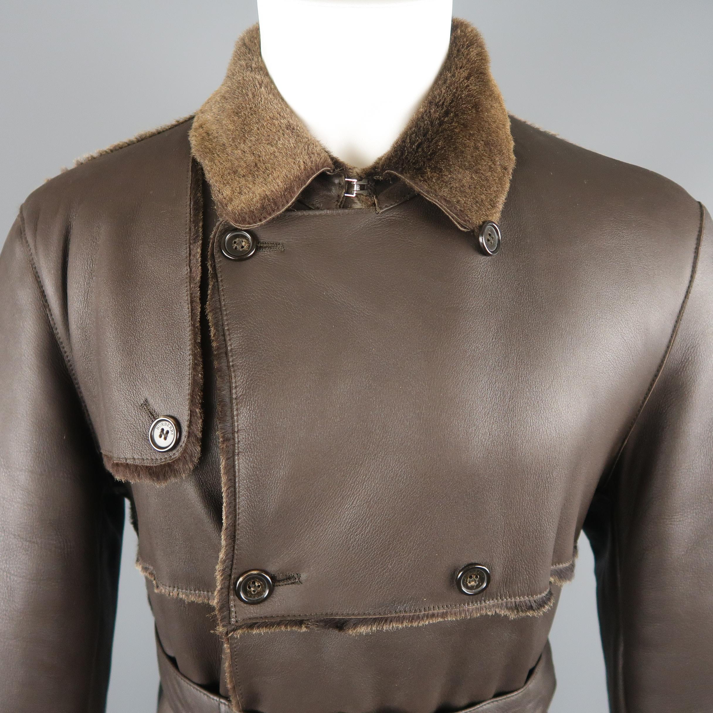 Burberry London Brown Trimmed Sheep Skin Fur Shearling Trench Coat In Excellent Condition In San Francisco, CA