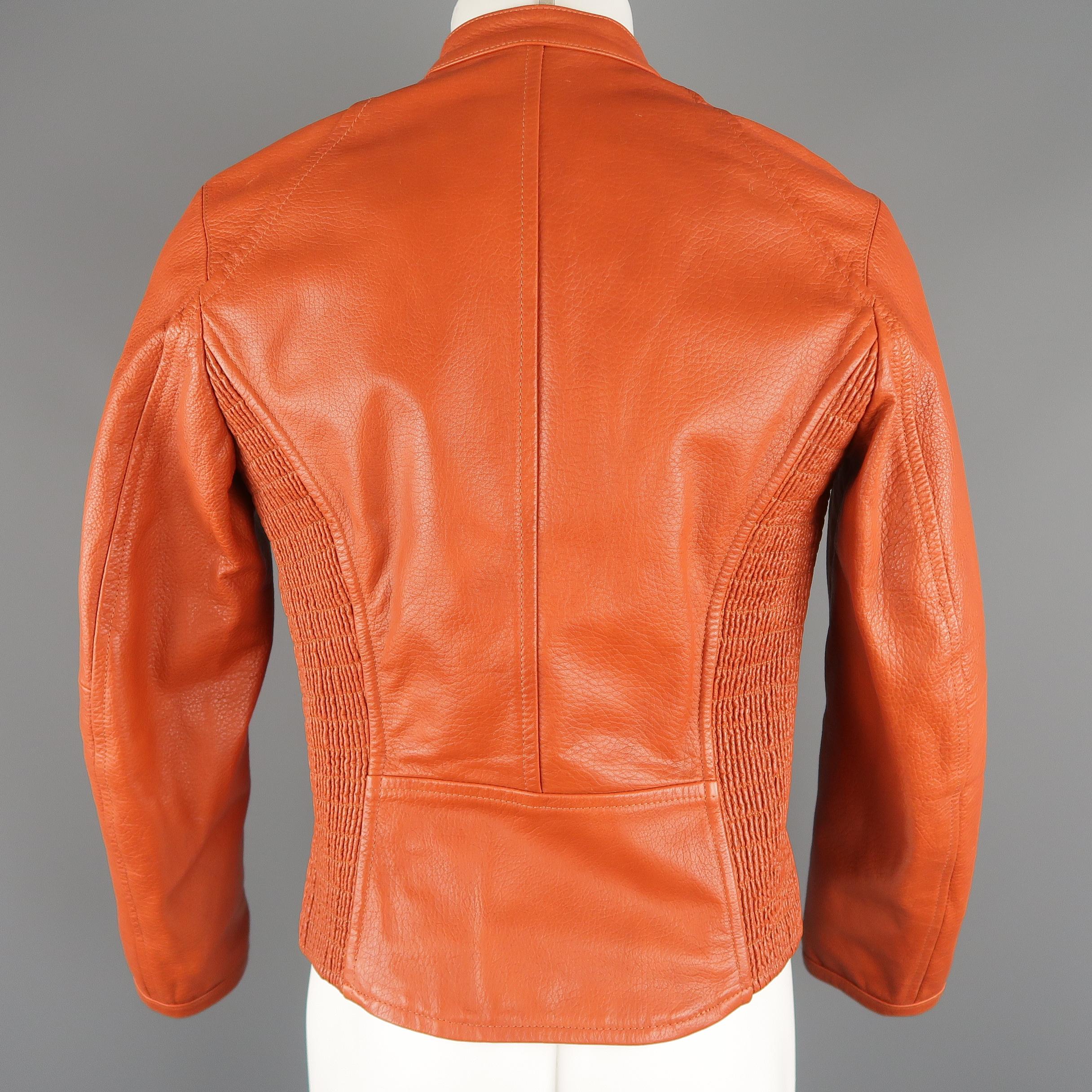 DSQUARED2 40 Orange Textured Leather Zip Sleeve Biker Jacket 7