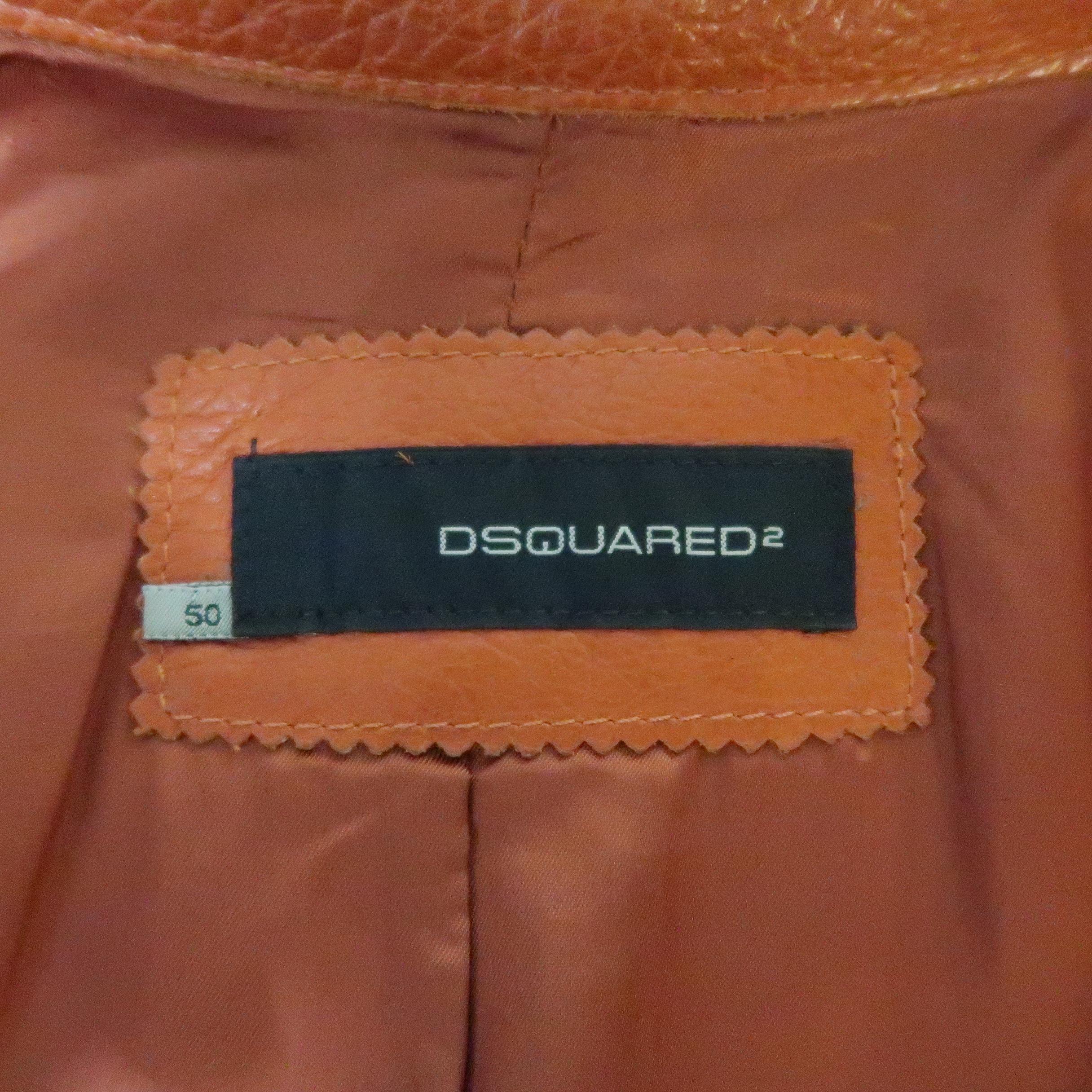 DSQUARED2 40 Orange Textured Leather Zip Sleeve Biker Jacket 8
