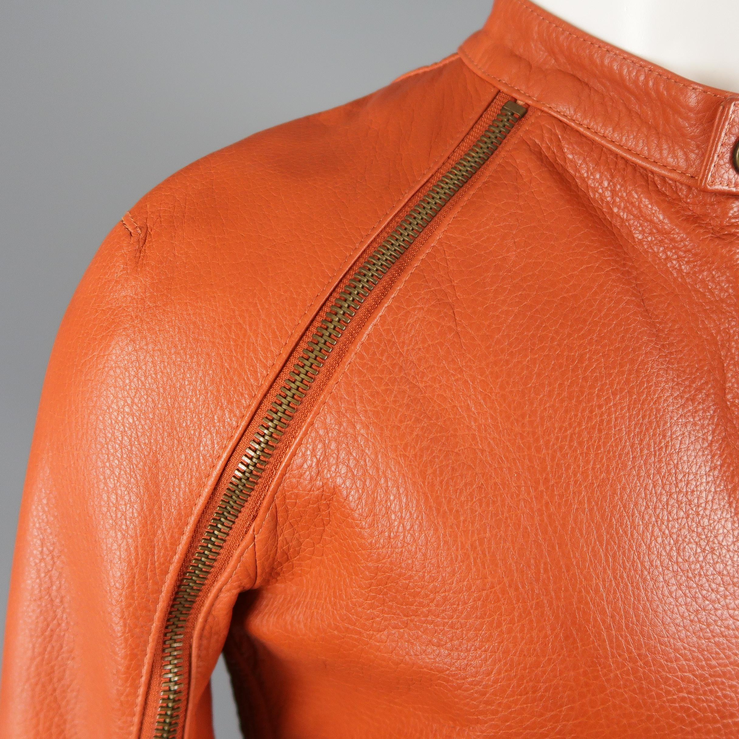 Men's DSQUARED2 40 Orange Textured Leather Zip Sleeve Biker Jacket