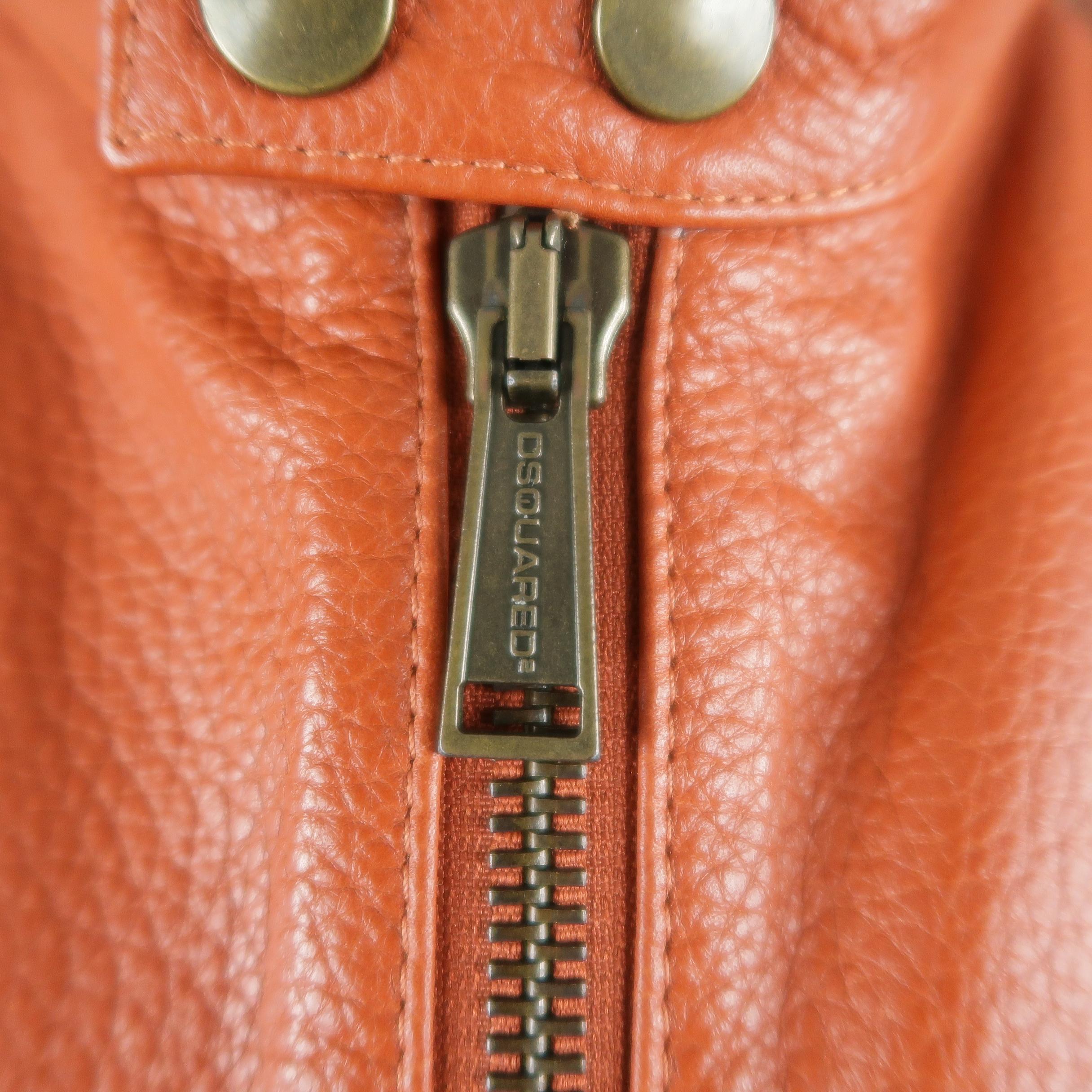 DSQUARED2 40 Orange Textured Leather Zip Sleeve Biker Jacket In Good Condition In San Francisco, CA