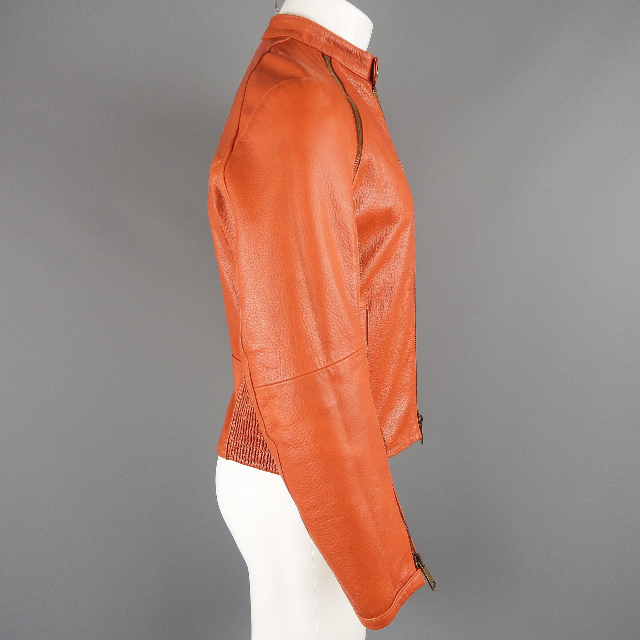 DSQUARED2 40 Orange Textured Leather Zip Sleeve Biker Jacket 3