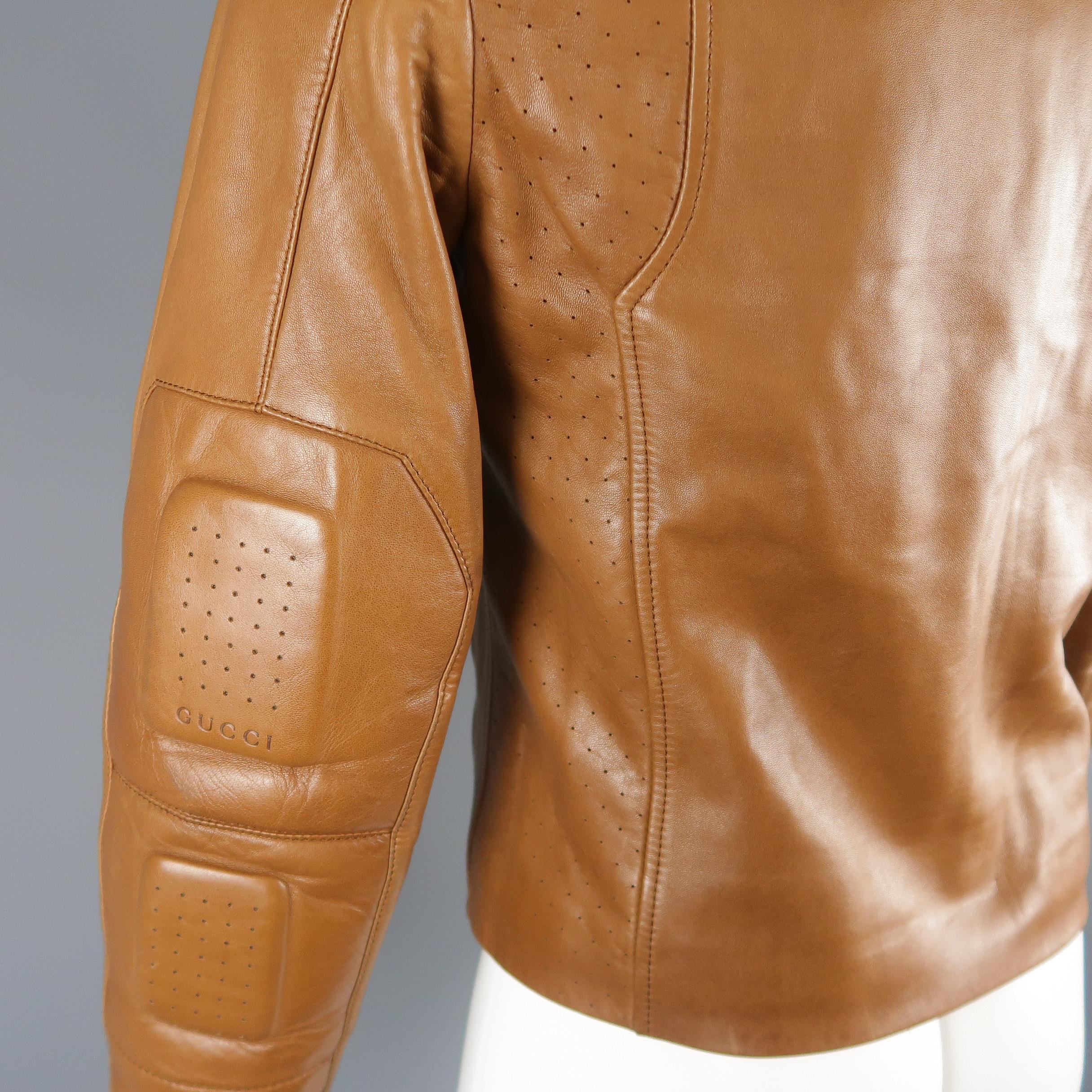 Gucci By Tom Ford Tan Leather Padded Sleeve Biker Jacket 8
